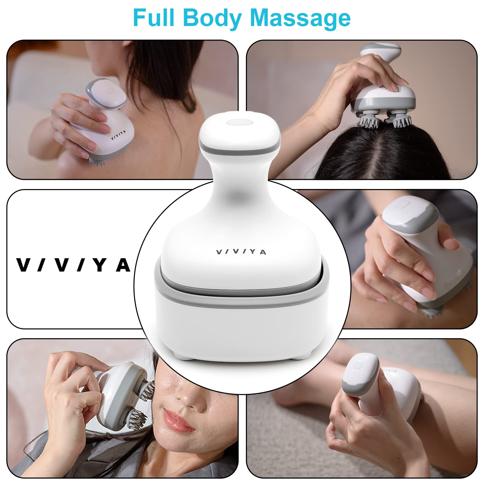 VIVIYA Masajeador de cuero cabelludo eléctrico, masajeador de cabeza portátil recargable con 4 garras de masaje extraíbles, resistente al agua para el cuero cabelludo de mano para masaje de cuerpo completo, crecimiento del cabello y relajación del estrés
