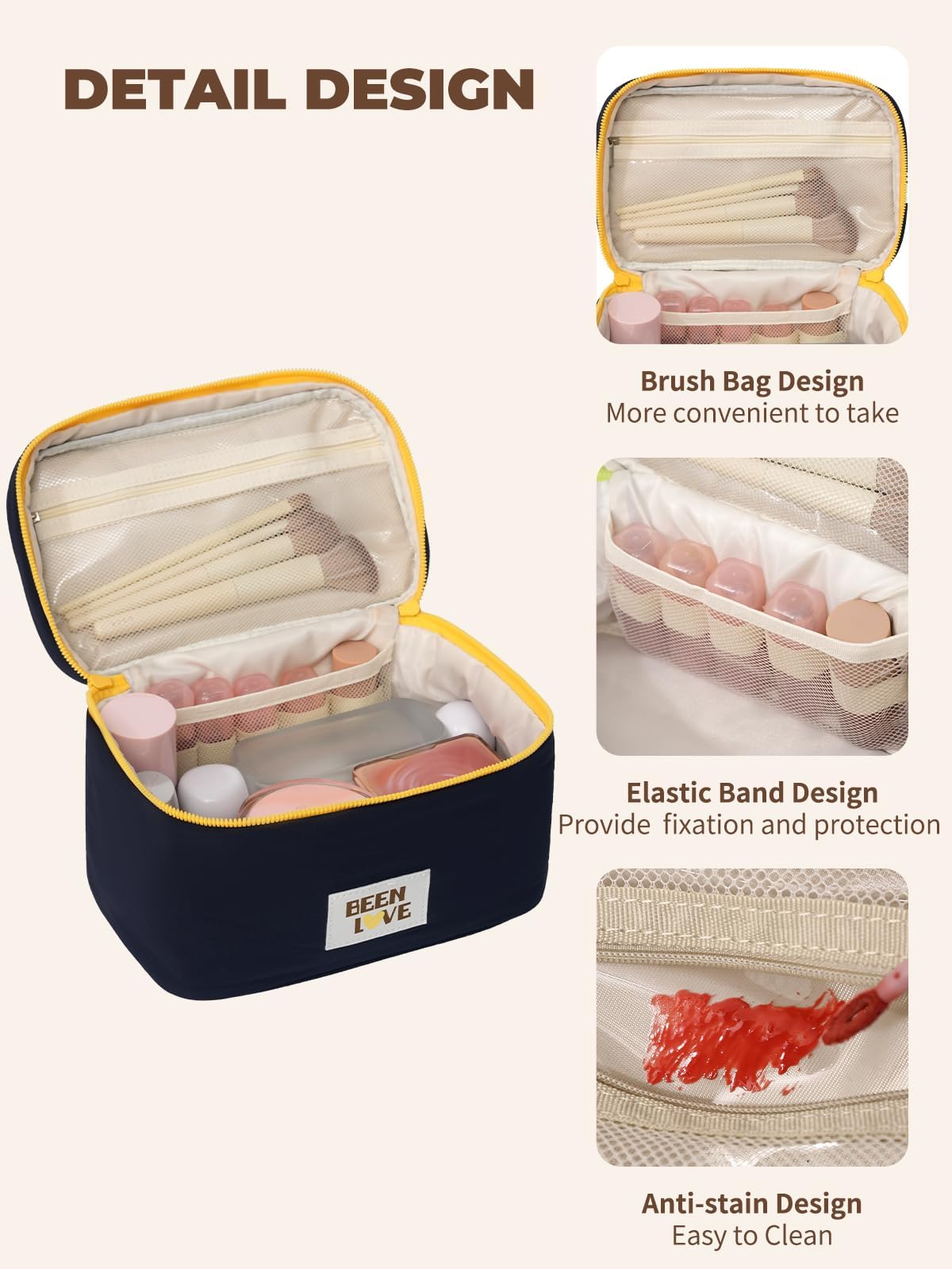 Lalamisi - Bolsa de maquillaje de viaje para mujer, bolsa de maquillaje de gran capacidad, bolsa organizadora, bolsa de aseo portátil, impermeable, con asa y divisor, marino, Bolsa de cosméticos de