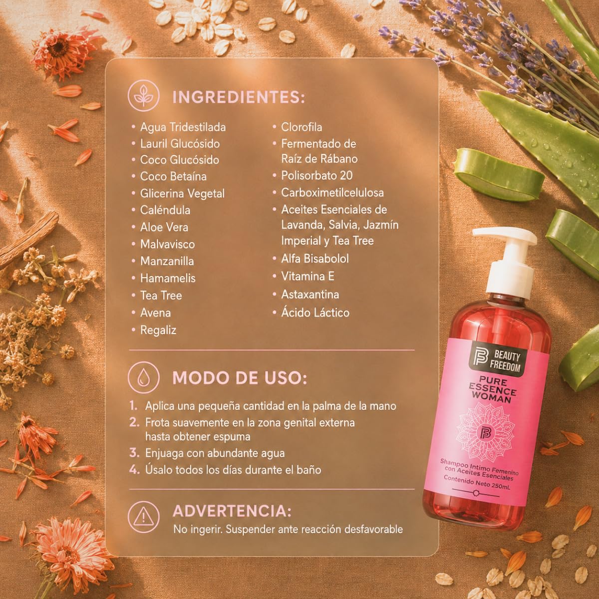 Jabón Íntimo Para Mujer - Beauty Freedom Pure Essence Woman 250ml - Con Tea Tree, Aloe Vera, Clorofila Y Vitamina E - Limpieza y Frescura - Con Aceite De Lavanda, Manzanilla Y Malvavisco