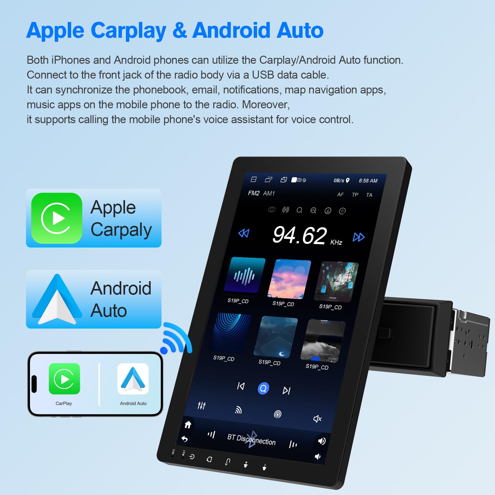 visualización táctil giratoria de 10.1 pulgadas para coche estéreo de un solo din: Android 13, inalámbrico CarPlay/Android Auto, CPU de 4 núcleos, 2 GB + 32 GB, navegación GPS, sonido Hi-Fi y