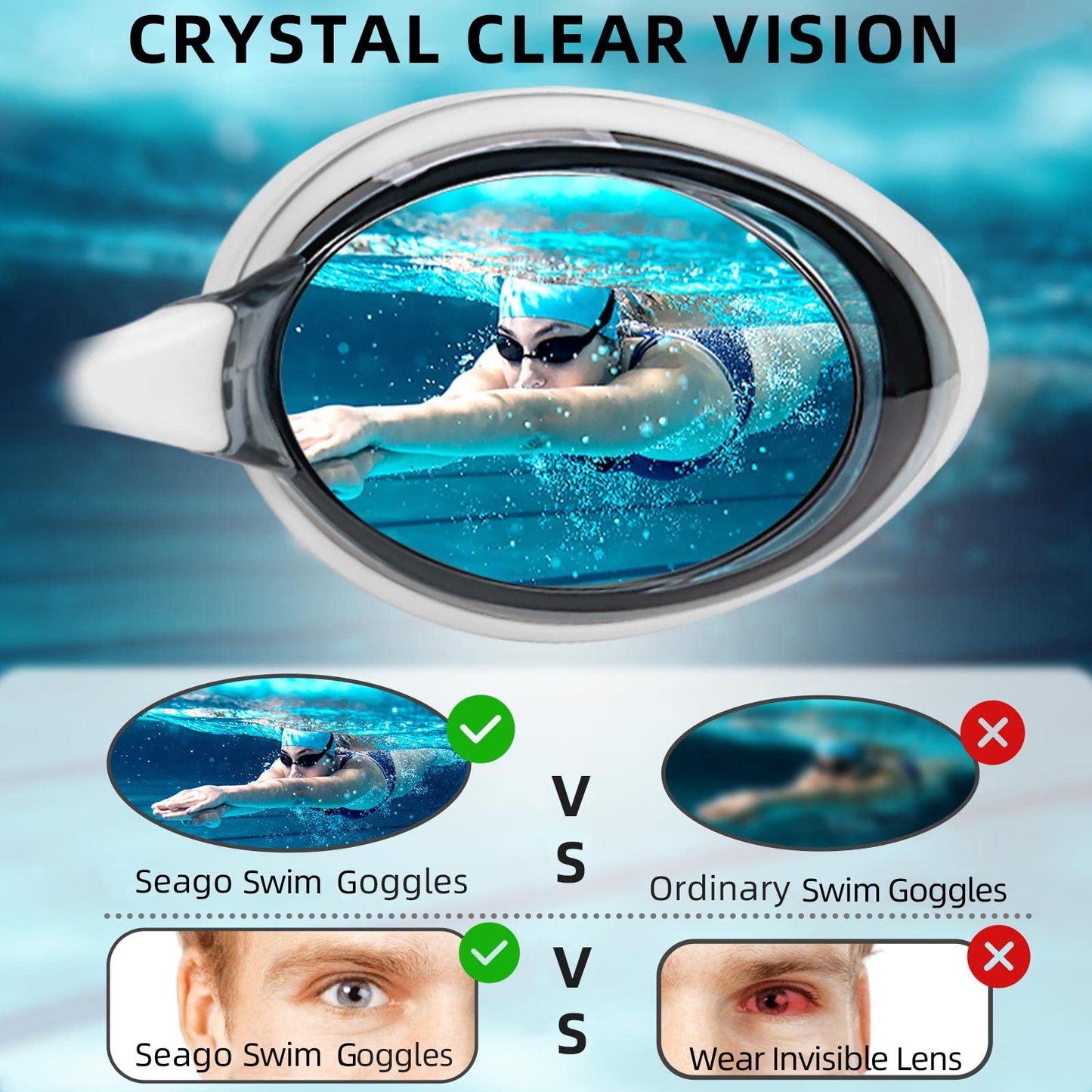 Gafas de Natación Seago Gris Antivaho Protección UV Miopes para Adultos