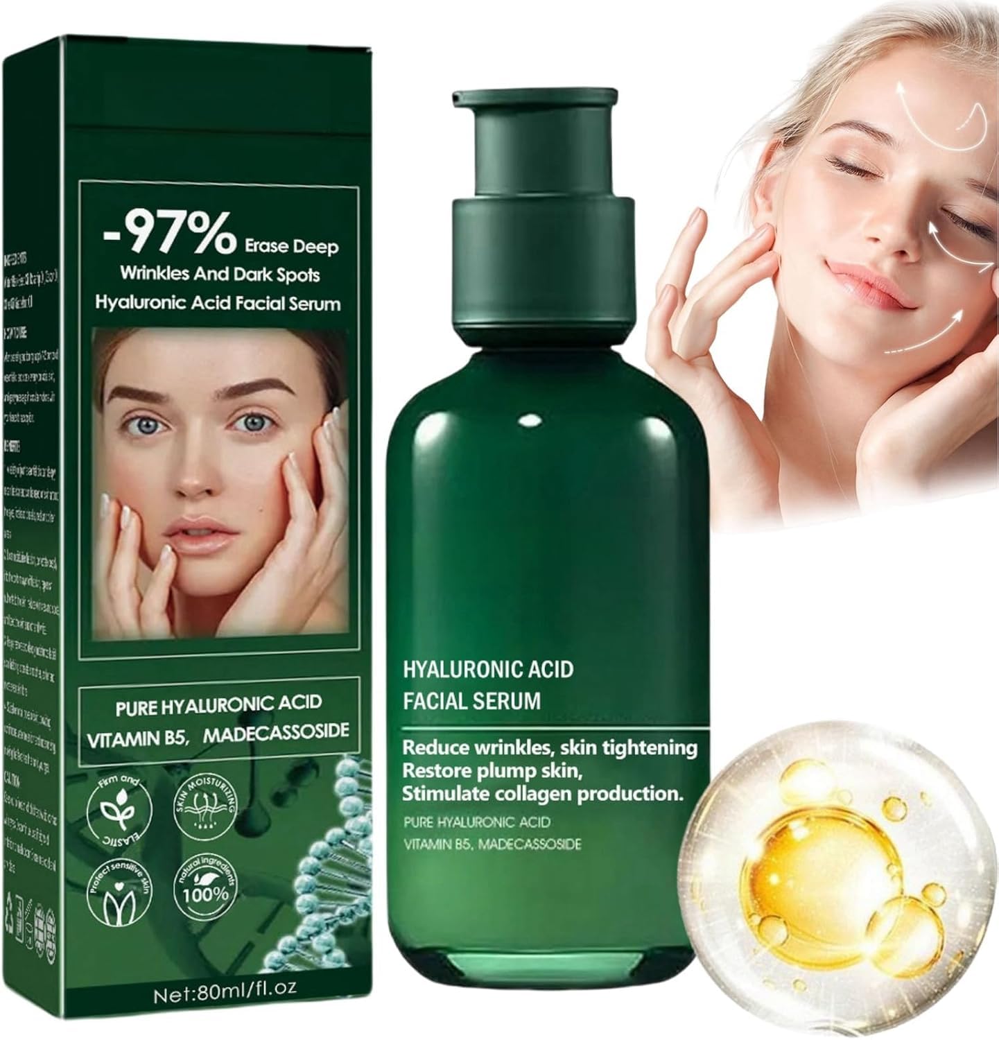 Suero Rejuvenecedor Reafirmante Para la Piel, Suero Reafirmante Para la Piel, Suero Facial de ácido Hialurónico, Lifting y Reafirmante, Reduce Pigmentación y Mejora el Tono