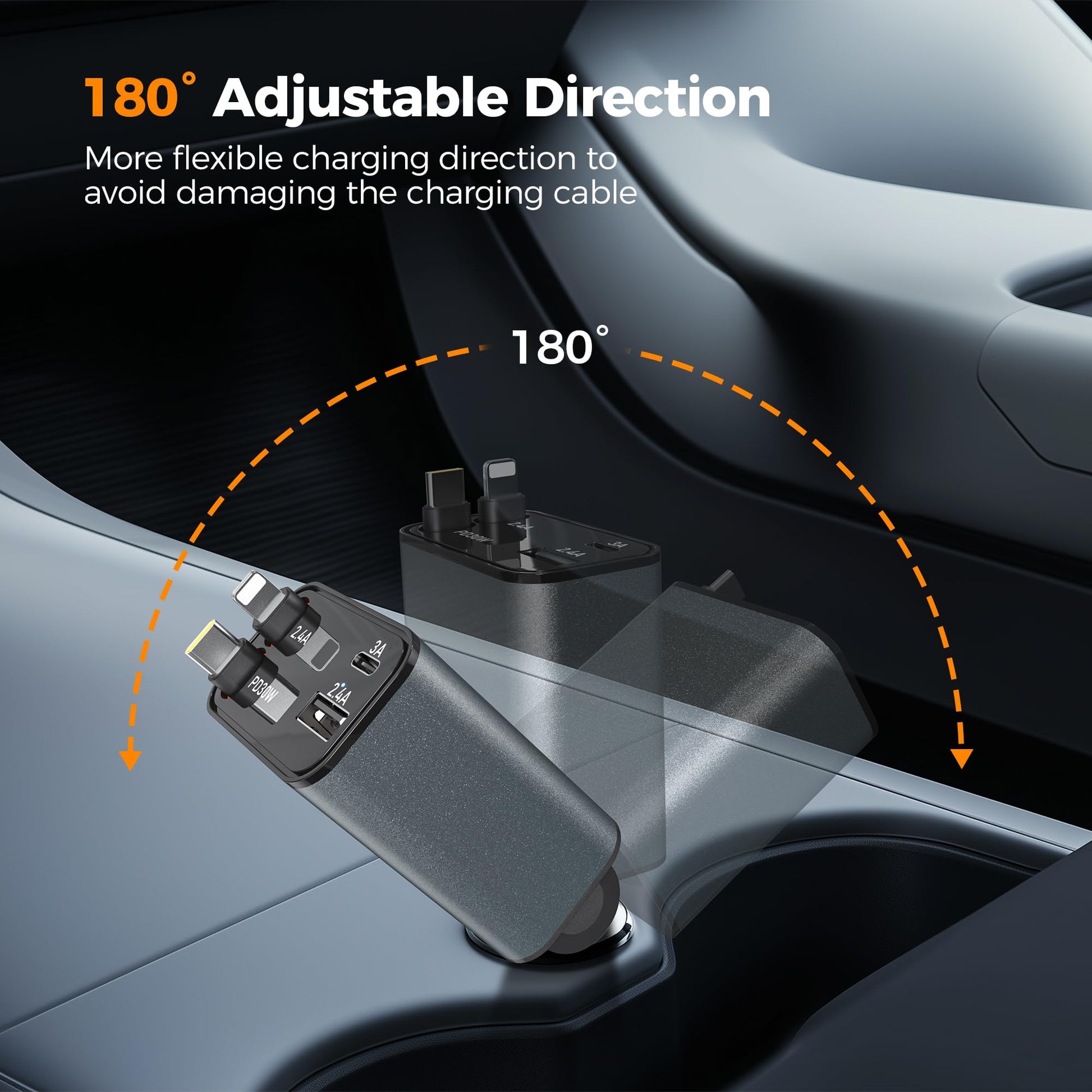 TESSAN Cargador para Auto Retráctil 69W, 4 en 1 USB C Cargador de Coche con 31.5in de Cable y 180° de Rotación, Accesorios para Auto Rápida Carga Compatible con iPhone 16/15, S24/S25 Ultra, Gris