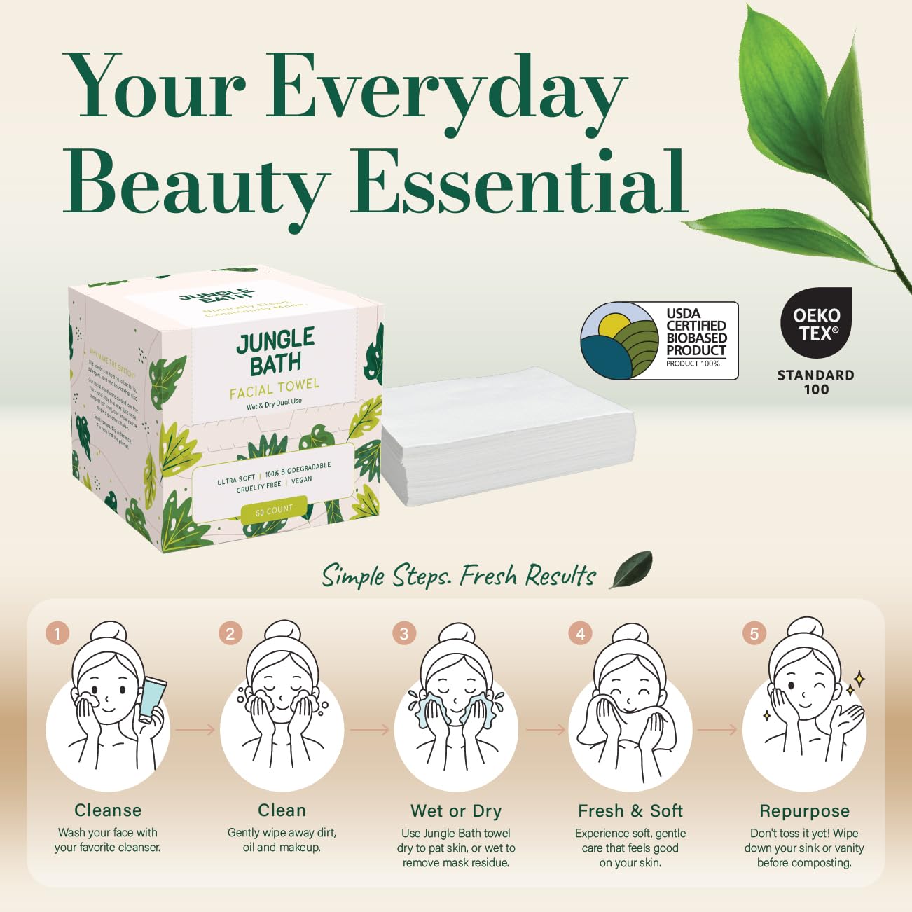 Beautiful Me Studio Toallas faciales desechables Jungle Bath, toallitas faciales extra gruesas XL de 25 x 30 cm, toallas ultra suaves de doble uso para uso en seco y húmedo para desmaquillar y limpiar