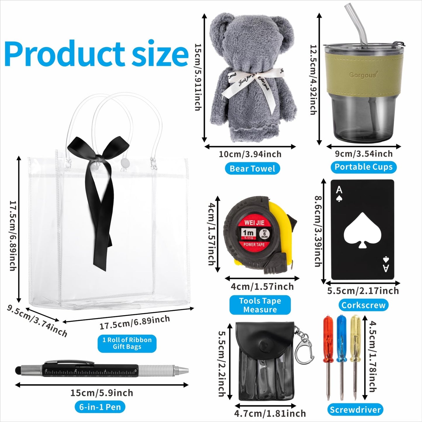 Buecobby - Juego de 2 premios para baby shower para hombres, con paño de limpieza de vasos de vidrio, mini destornillador, juego de llaveros, multiherramientas, premios divertidos y útiles para