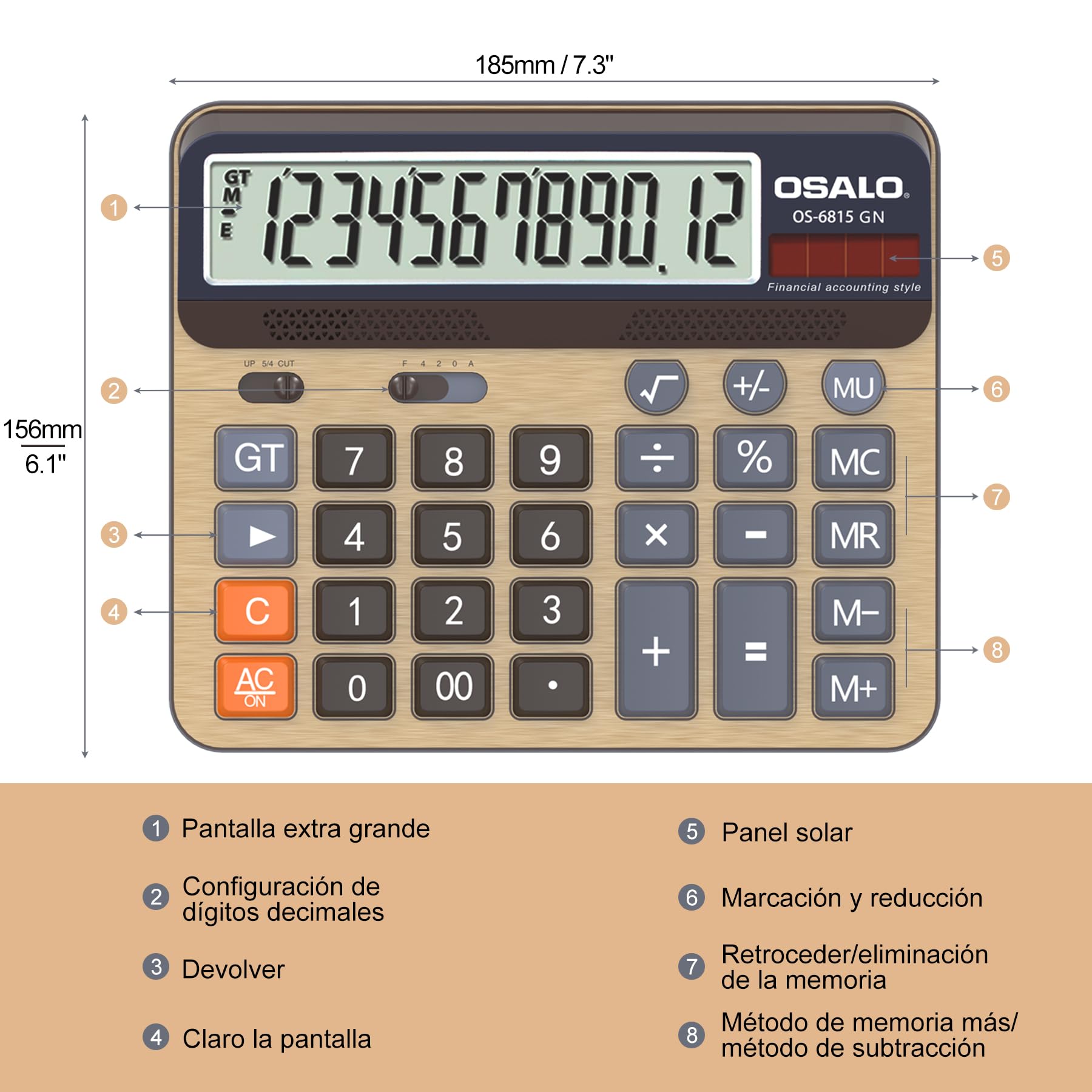 Calculadora de Escritorio Pantalla LCD Extra Grande de 5 Pulgadas Calculadora de Contabilidad de números Grandes de 12 dígitos con botón de Respuesta Gigante, para Office Business Home (OS-6815GN)