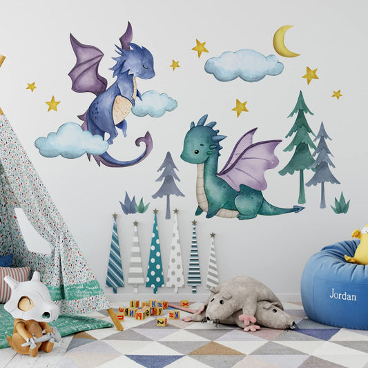 Calcomanías de Pared Yovkky Dragón Bebé Luna Estrellas para Habitación de Varón