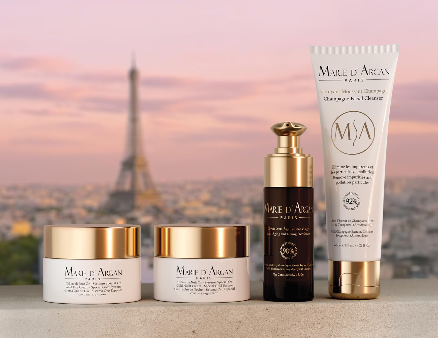 Marie d’Argan Paris Kit Facial Antiedad Skincare Edicion Especial– Crema Día y Noche con Oro, Sérum Tensor Antiedad, Limpiador Facial de Champagne | Paquete Completo de Cuidado, Hidratación y Rejuvenecimiento | Estuche Premium | COSMETIQUERA DE REGALO