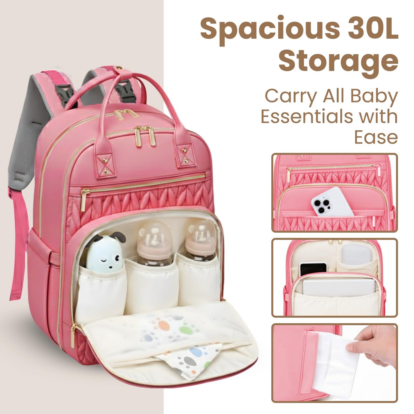 Jubily - Mochila para pañales de 30 L, impermeable, con 5 compartimentos, 20 bolsillos, ranura para portátil y cambiador (rosa)