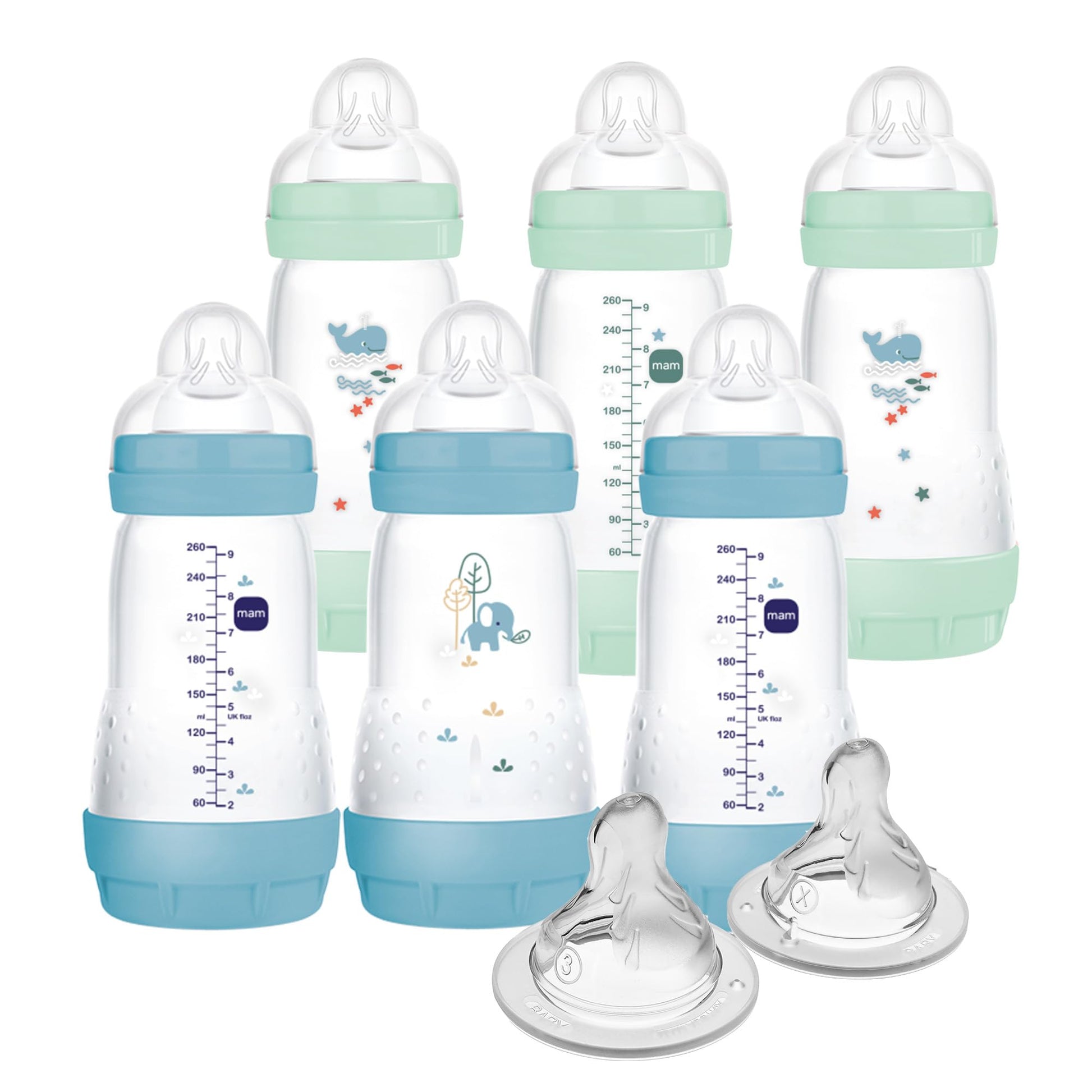 MAM - Biberones anticólicos de fácil inicio de 9 onzas, flujo medio con 2 pezones adicionales (flujo rápido y extra rápido), reduce los cólicos, gas y reflujo, fáciles de limpiar, sin BPA, 2 meses más