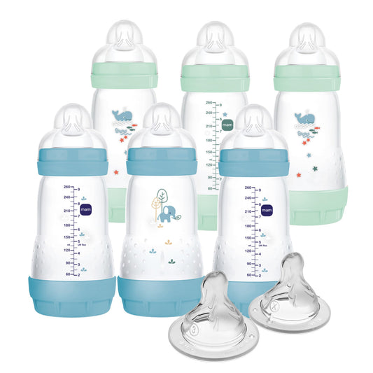 MAM - Biberones anticólicos de fácil inicio de 9 onzas, flujo medio con 2 pezones adicionales (flujo rápido y extra rápido), reduce los cólicos, gas y reflujo, fáciles de limpiar, sin BPA, 2 meses más