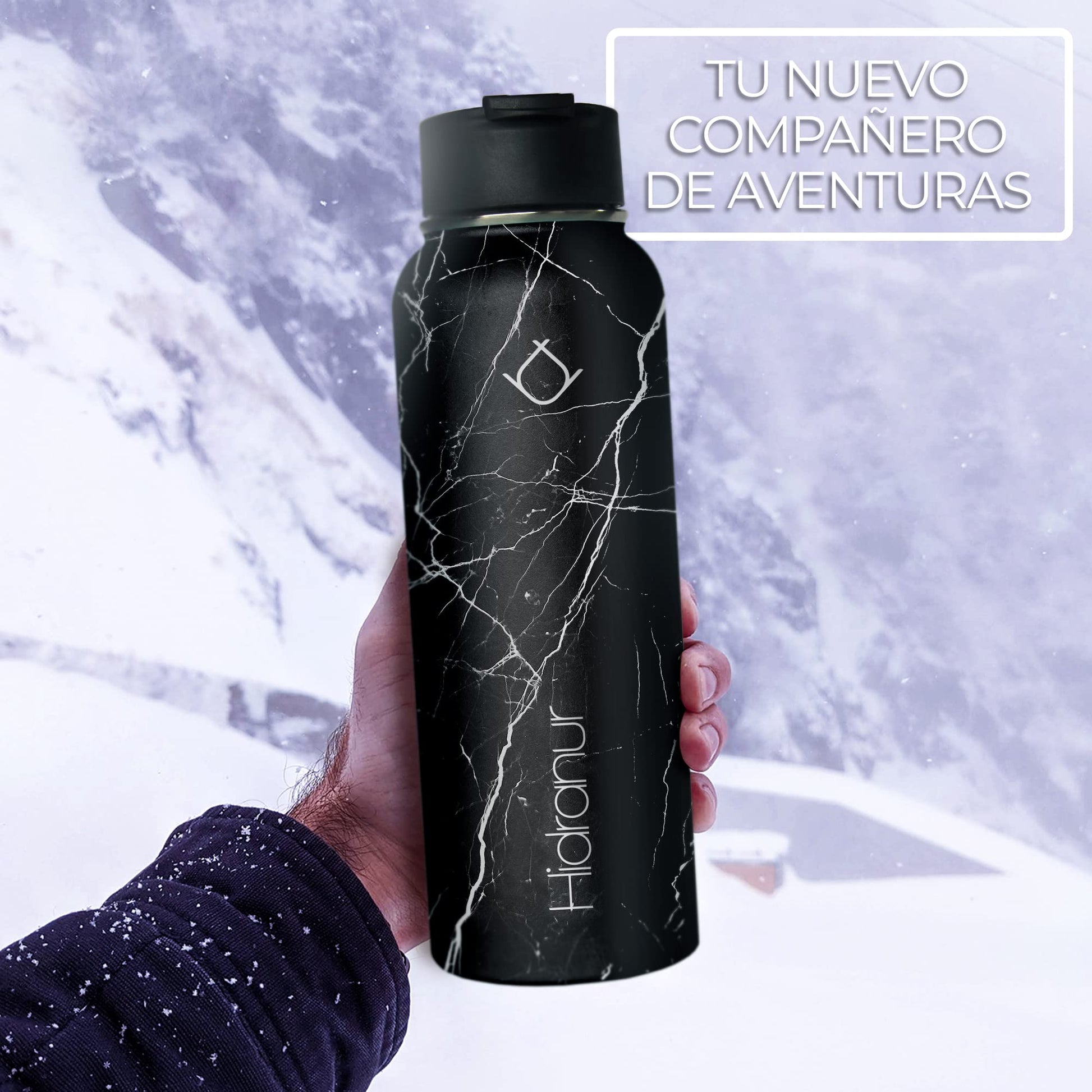 Hidranur Termo de Acero Inoxidable Doble Aislamiento Térmico, Termo Para Café 32 oz (946.35 ml), 3 Tapas Herméticas, 2 Popotes, 24 Hrs de Agua Caliente y Fría (Negro Mármol, 32 Oz (946.35 ml))