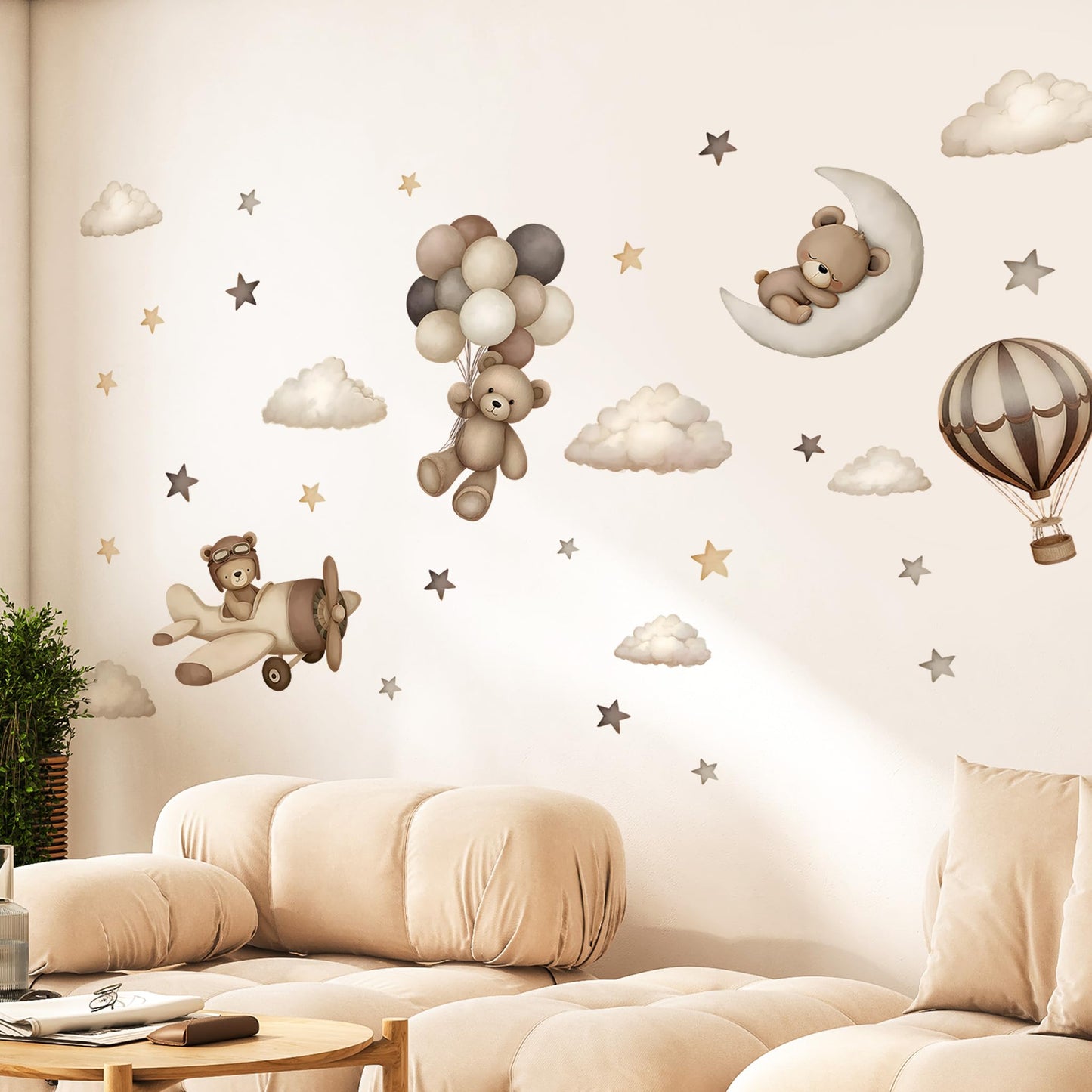 Calcomanías de pared de oso de peluche, diseño de oso de dibujos animados, globos de aire, estrella, luna, decoración de pared para habitación de niños, niñas y niños, habitación de bebé, decoración