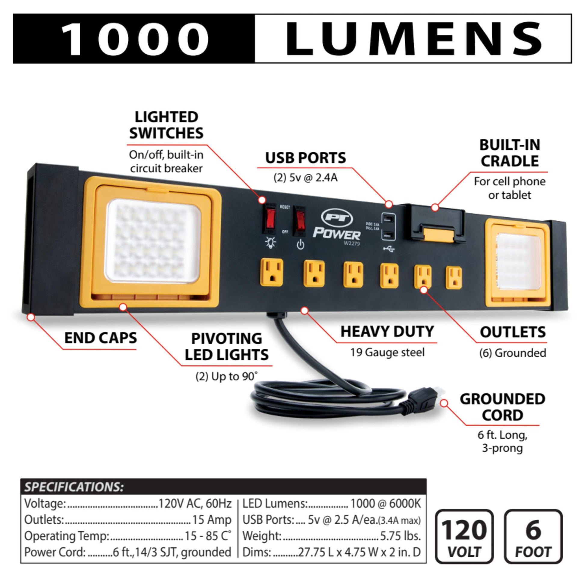 Performance Tool W2279 Central eléctrica de Grado Comercial con 6 tomacorrientes, 2 Puertos USB, Cuna integrada y Luces LED, Ideal para talleres y garajes