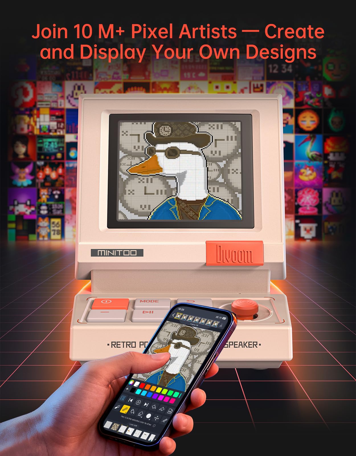 Divoom MiniToo - Altavoz Bluetooth retro Pixel – Diseño de PC inspirado en los años 90, control de aplicaciones, alarma, ruido blanco, altavoz de computadora retro para música, decoración de