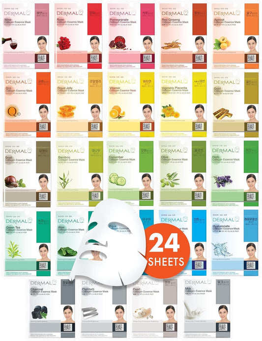 DERMAL Korea 24 Mascarillas Faciales Coreanas con Colágeno y Vitamina E