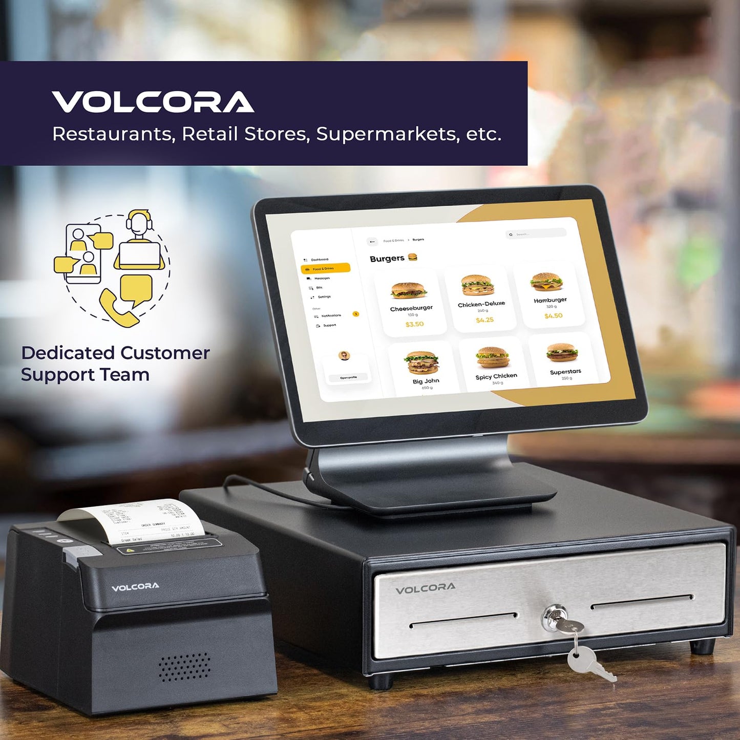 Cajón Registradora Volcora Negro Acero Inoxidable 13 Pulgadas con Bandeja de Efectivo para Sistema POS