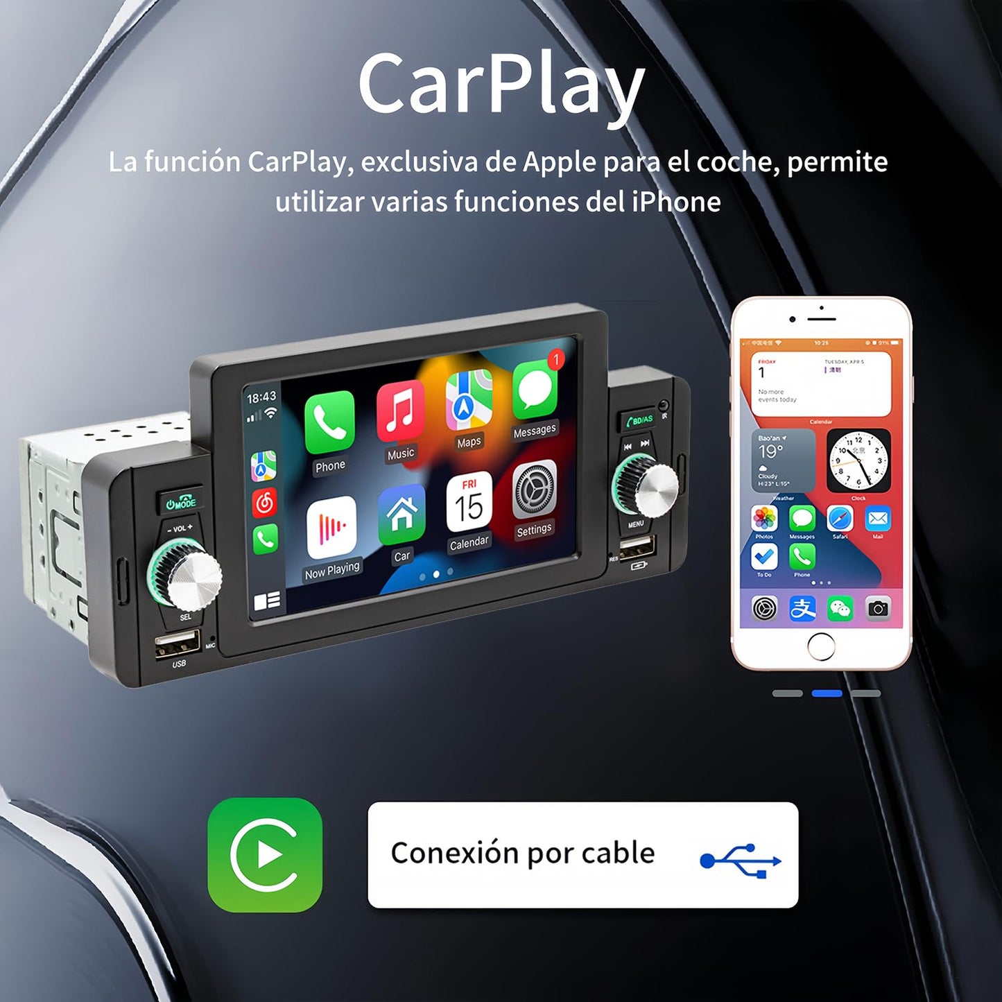 FINYQBET Estéreo 160C para Auto 5 Pulgadas con Bluetooth 5.1, CarPlay, Android Auto, Cámara de Reversa, Control de Volante, MP5, USB, RCA y Pantalla Táctil HD, Compatible con Vehículos de 12V