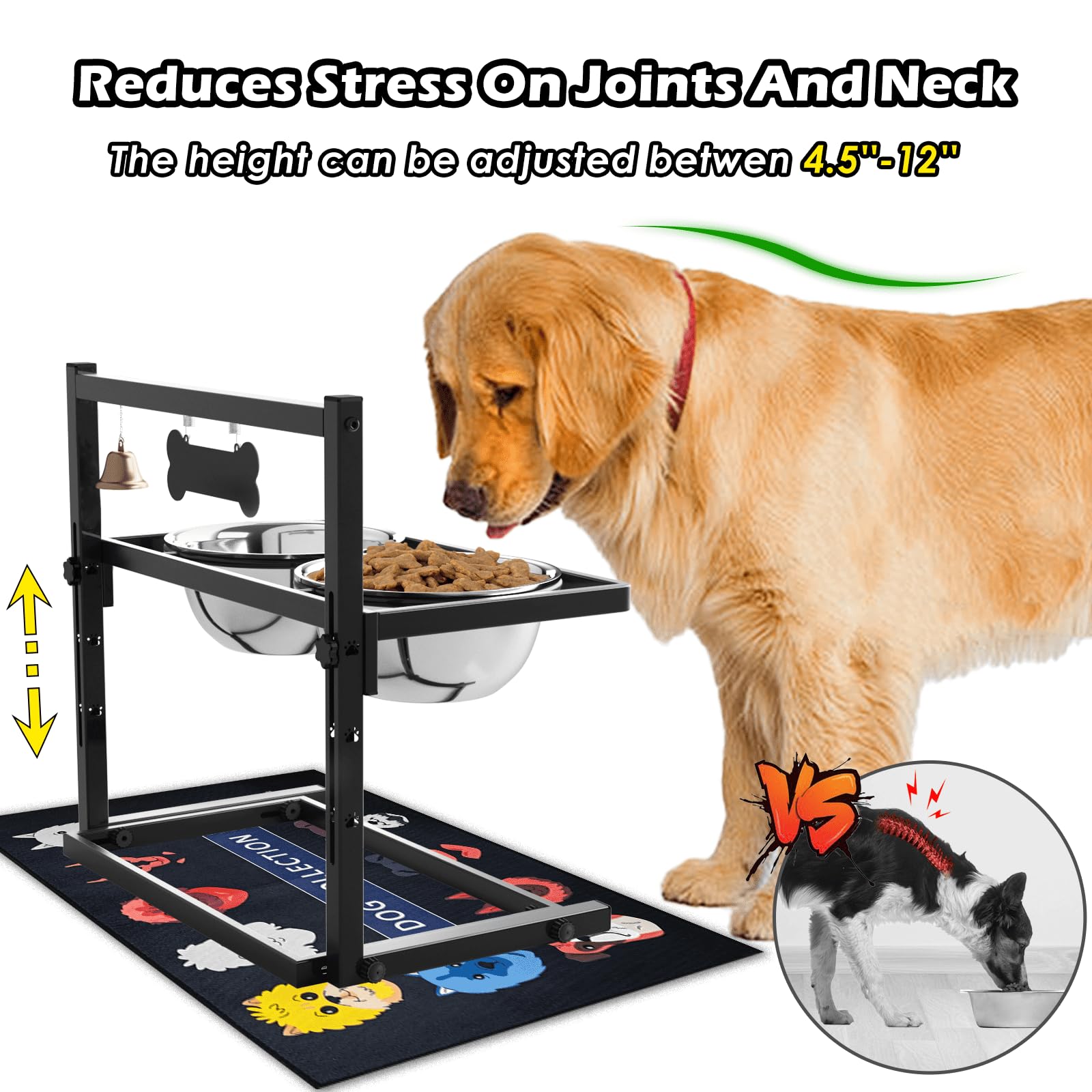Cuencos Elevados SHAINFUN Negro con Alimentador Lento y Tapete Antiderrames para Perros Grandes y Medianos
