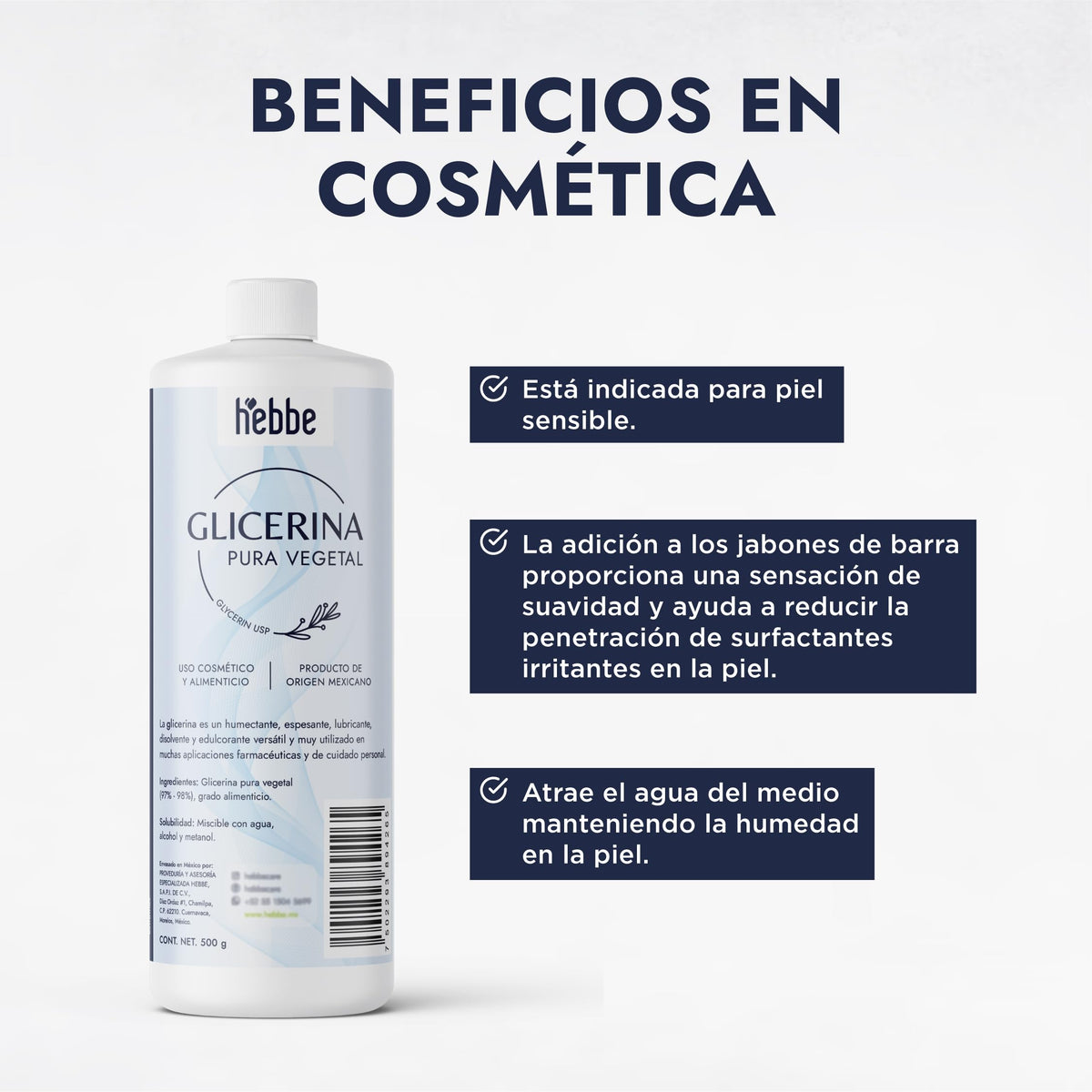 Hebbe Glicerina Vegetal Pura 500 g | Humectante Calmante | Para Piel Sensible | Refuerza Barrera Cutánea | Uso Cosmético y Alimenticio