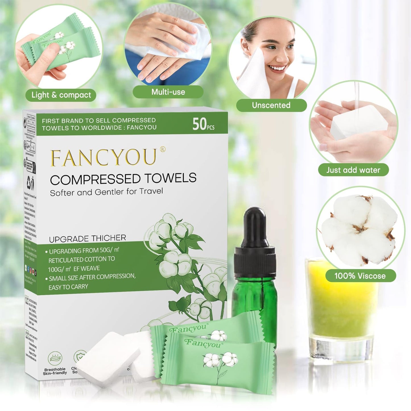 Fancyou Toallas Desmaquillantes Facial Desechables Comprimidas Grandes, Mini Paños Biodegradables para Toallitas Quitar Maquillaje Kit de Viaje para Travel Essentials,Belleza Salón(50 Unidad Verde)