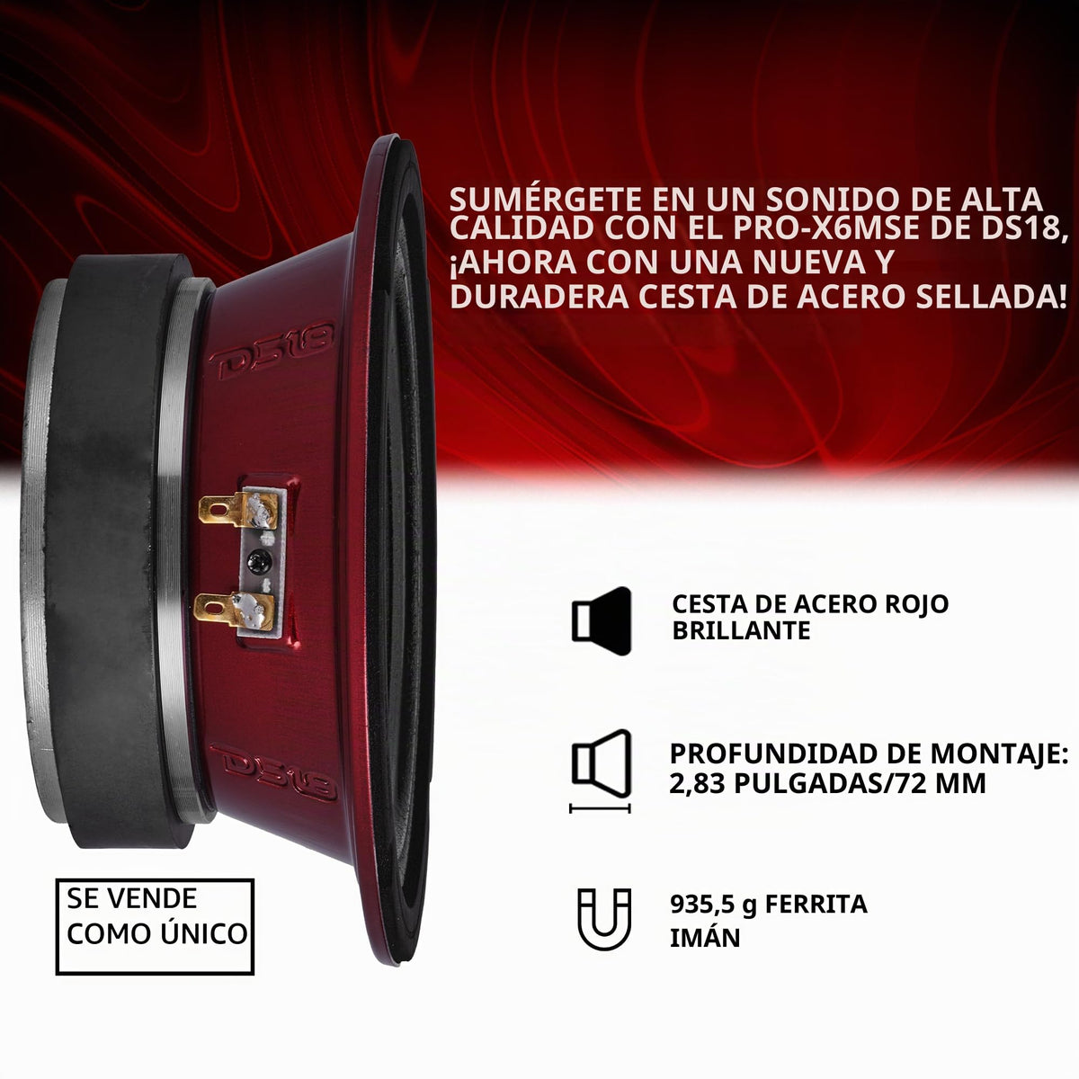 Altavoz PRO-X6MSE DS18 Rojo Midrange de 6.5" con Canasta Sellada para Sistema de Sonido en Carro o Camión 450W MAX 8 Ohms