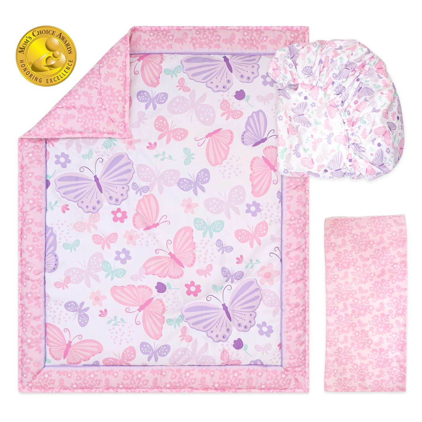 The Peanutshell - Juego de cama de cuna de bebé de 3 piezas para niñas, juego de cama de bebé recién nacido, bebé y niño pequeño, decoración con sábana bajera para cuna, volantes contra el polvo