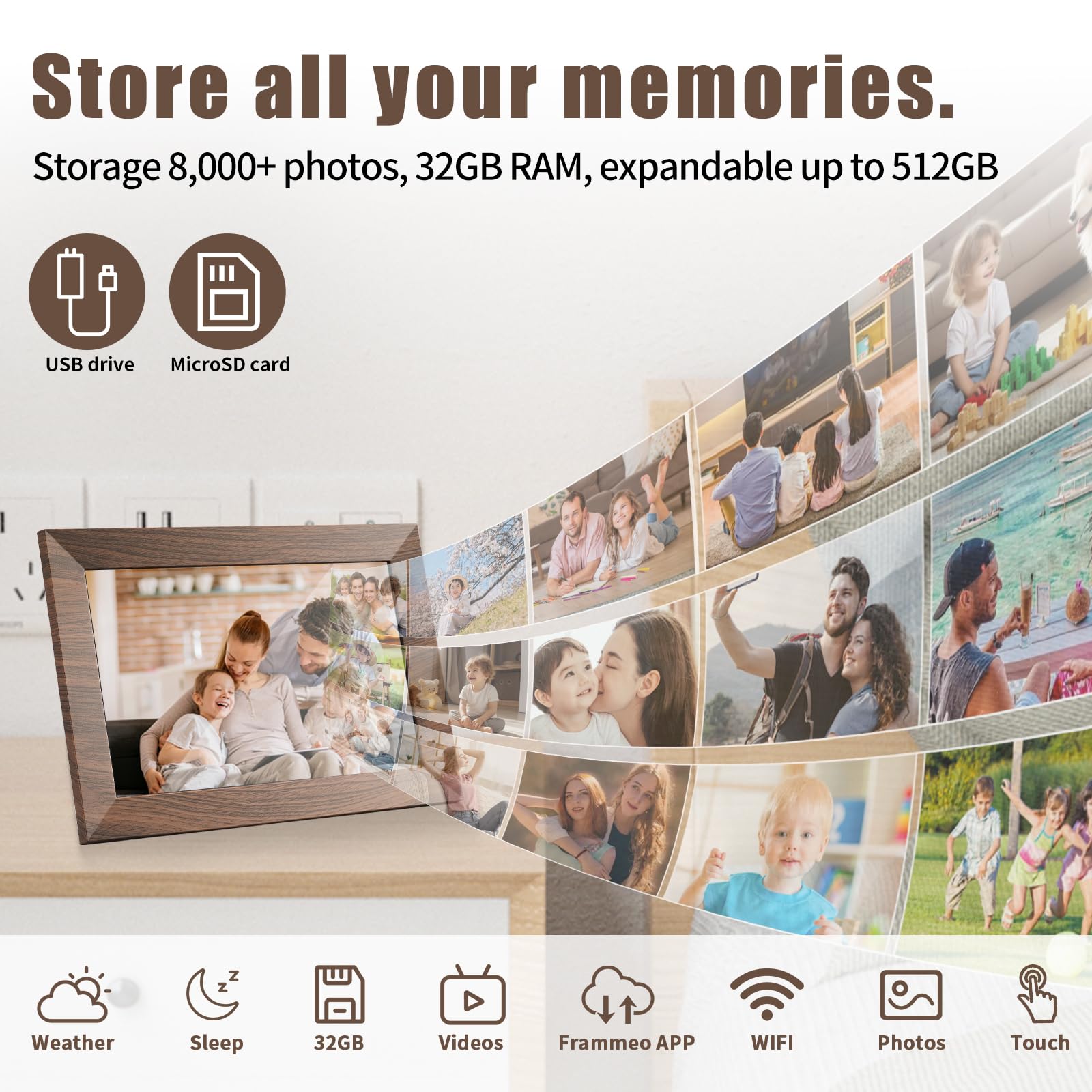 Flyzuni Marco de fotos digital de 10.1 pulgadas con almacenamiento de 32 GB, marco de fotos digital WiFi, visualización táctil IPS de 1280 x 800, rotación automática, montaje en pared, compartir