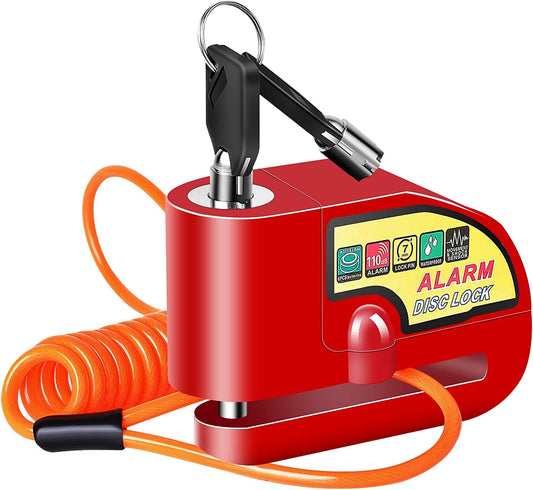 Candado de Alarma Impermeable PERANNU Rojo con Bloqueo de Freno de Disco y Alerta de 110 dB para Moto, Bicicleta y Scooter