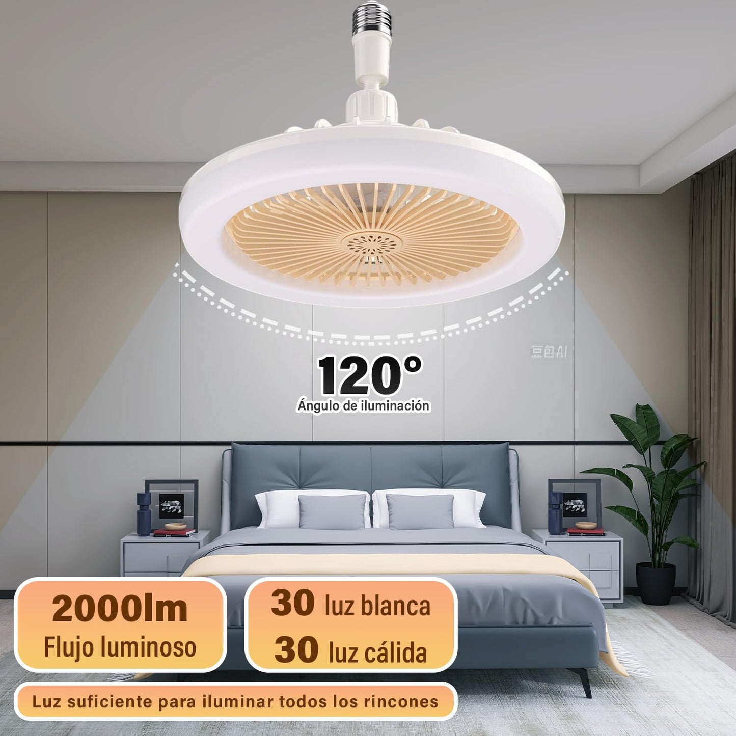 Ventiladores de Techo E27 Amariilo con Luz LED Ajustable y Ahorro Energético para Dormitorios y Oficinas