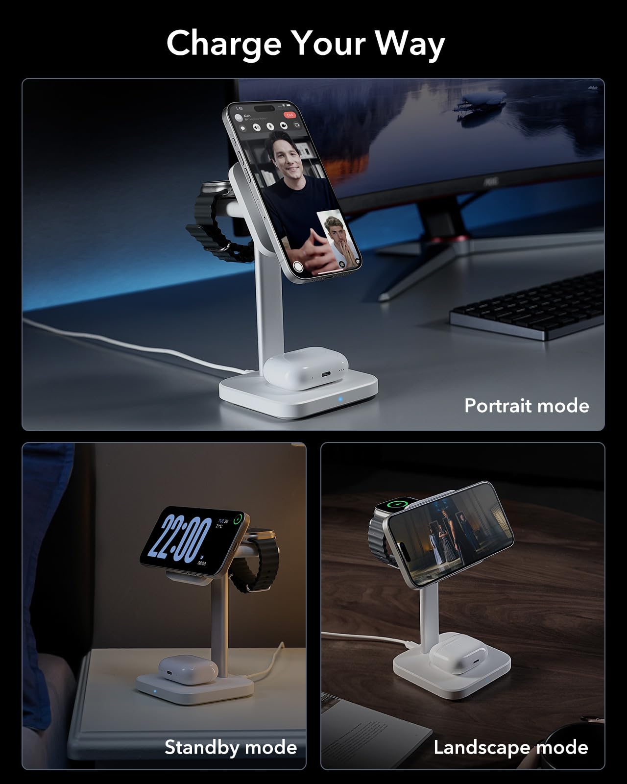Estación de Carga Inalámbrica 3 en 1 ESR Negra con Cargador Qi2 MagSafe para iPhone y Apple Watch