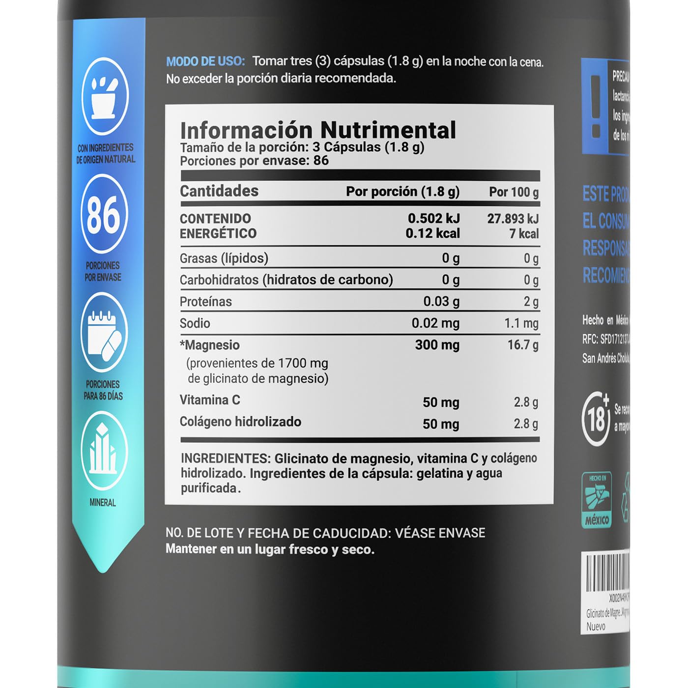 B Life Company Glicinato de Magnesio de 260 Cápsulas con 1800 mg por porción. Alta absorción. Ingredientes Naturales. Glycinate Mag.