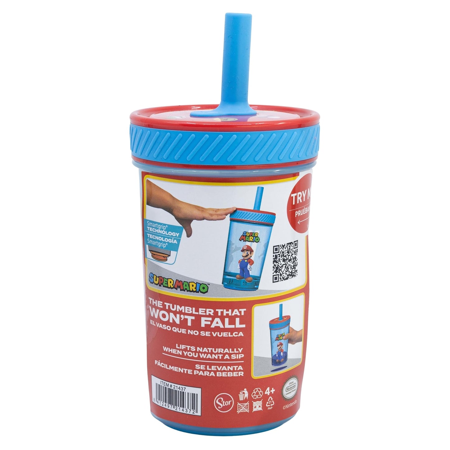 Stor – Vaso Antivuelco para Niños con Tecnología Smartgrip Drop Safe 370 ml Super Mario | Producto Oficial con Licencia Nintendo| Con Popote | A Prueba de Derrames | El Vaso que No se Cae