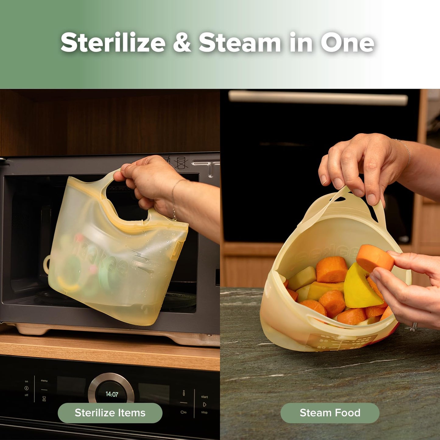 haakaa Bolsas De Silicona Reutilizables Para Esterilizar A Vapor En Microondas, De 114 G, Para Biberones, Sacaleches, Accesorios, Chupetes Y Mordedores. Piña (1 Unidad).