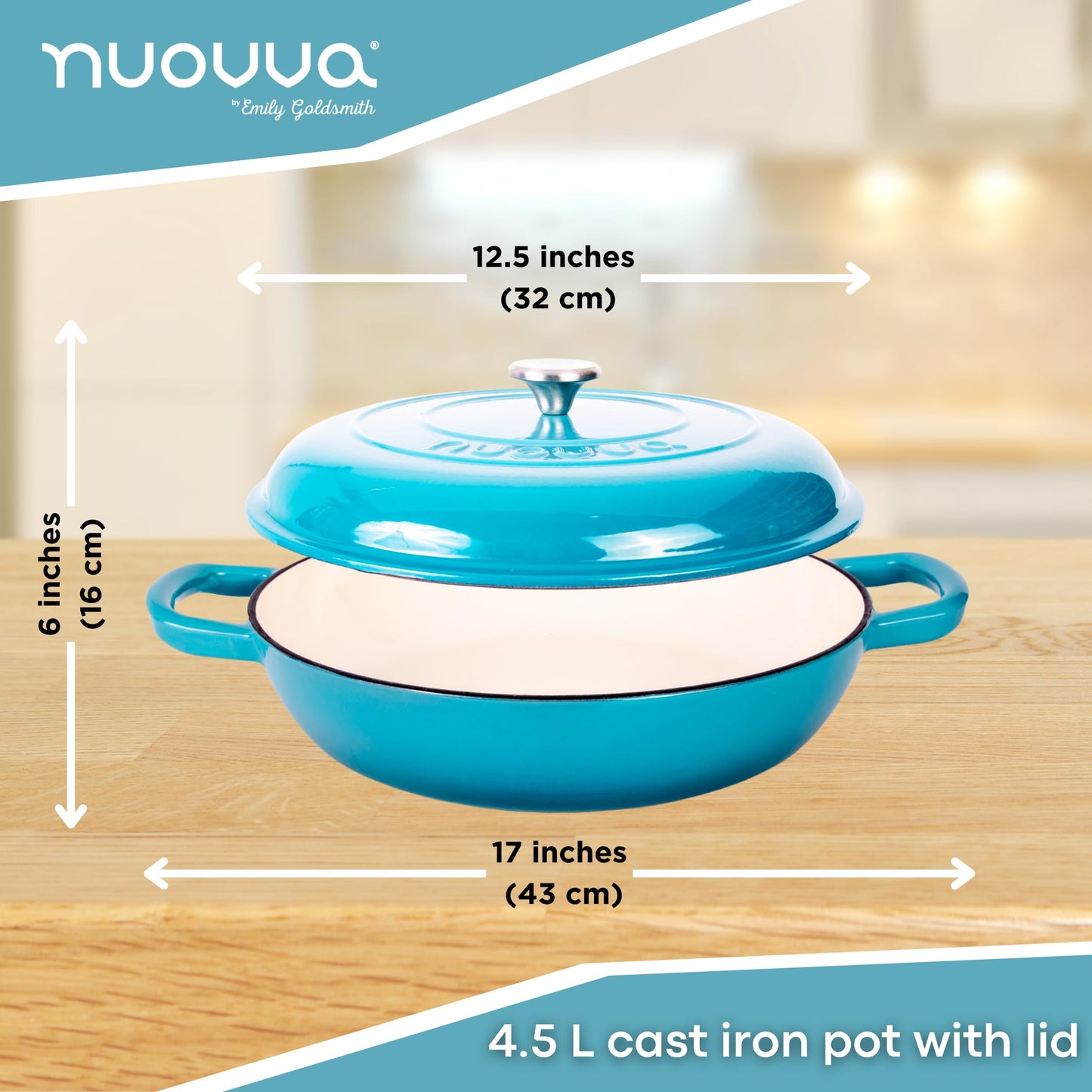 Nuovva - Cacerola de hierro fundido poco profunda con tapa, olla antiadherente para horno holandés, utensilios de cocina resistentes a prueba de horno, olla esmaltada, azul, 5 cuartos de galón, 32 cm