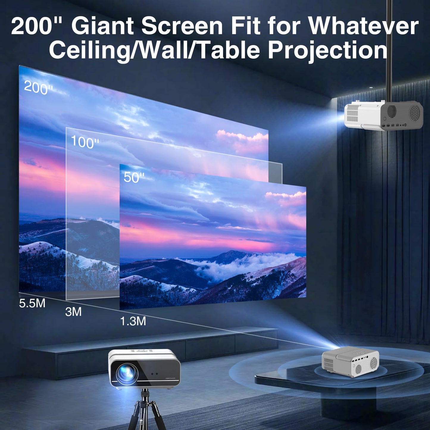 [AutoFocus/Soporte 4K] Proyector con WiFi y Bluetooth, Proyector de película para exteriores nativo 1080P con enfoque automático, 4P6D Keystone/50% Zoom/PPT, proyector portátil DBPOWER para iOS