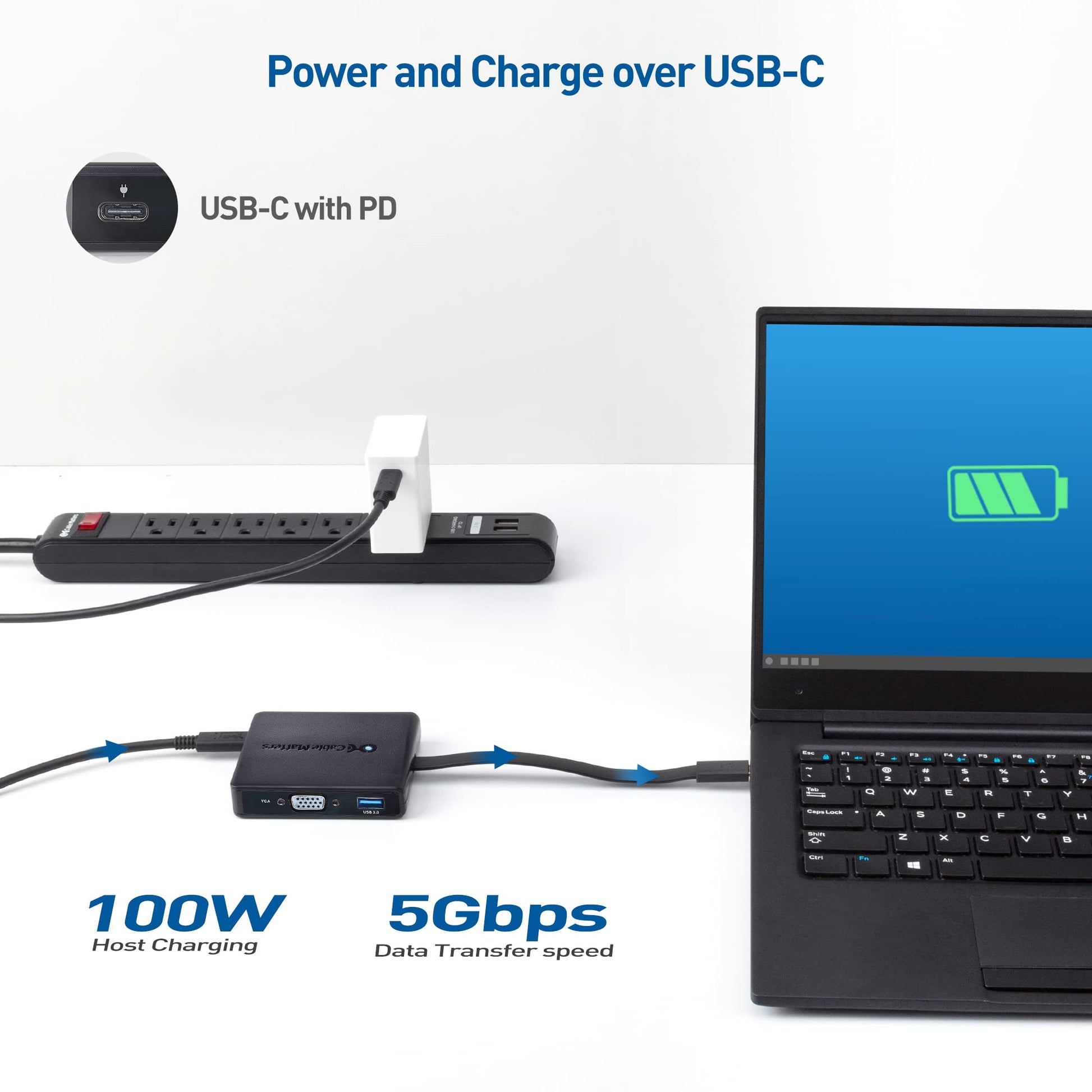 Cable Matters Hub USB C 7 en 1 con visualización triple (HDMI, DisplayPort, VGA), 2 USB 3.0, Gigabit Ethernet, carga de 100 W, Thunderbolt 4/USB 4/USB4 compatible con MacBook Pro, Dell XPS, Surface