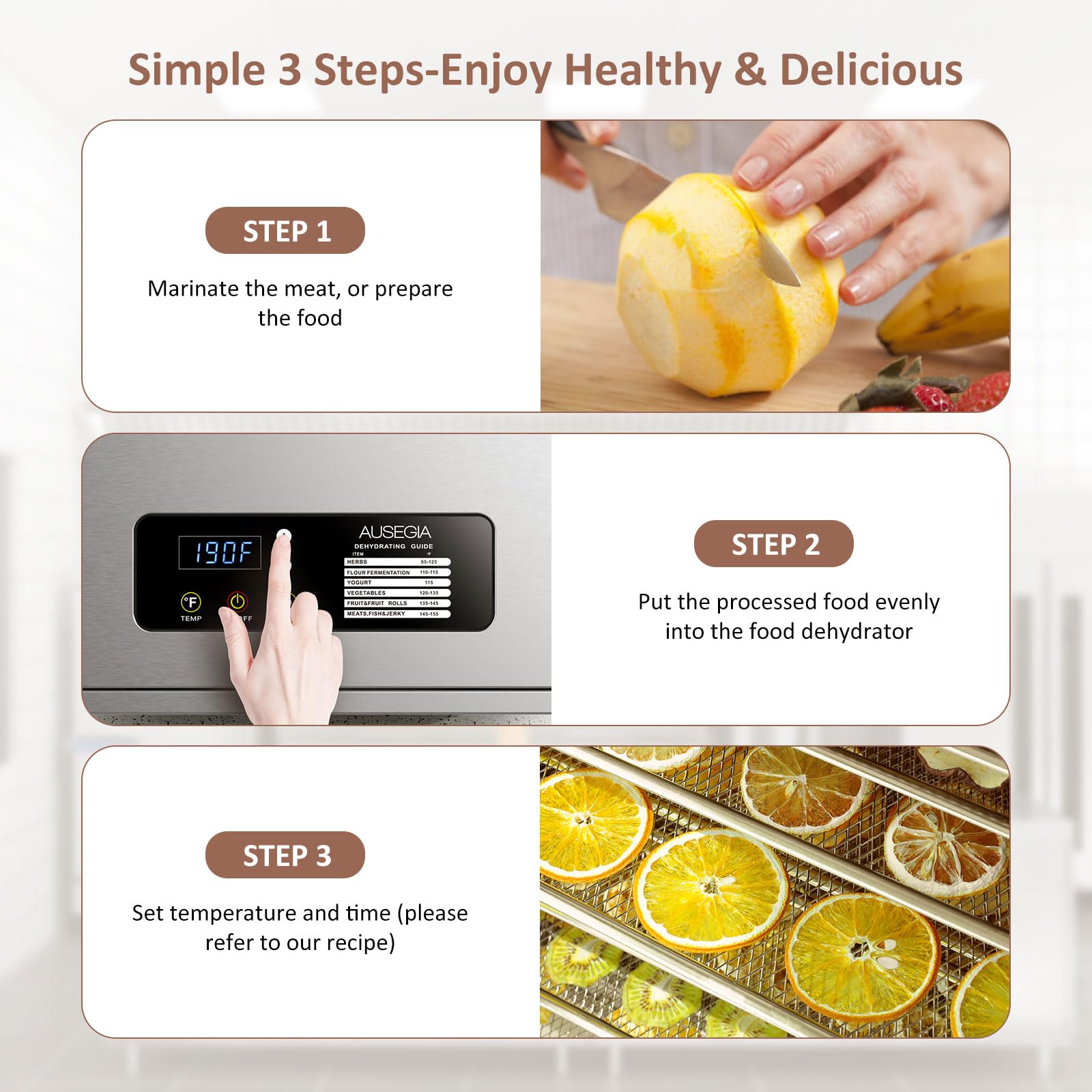 Ausegia Commercial - Deshidratador de alimentos de 12 bandejas grandes, área de uso de hasta 22.67 pies cuadrados, secadora de acero inoxidable completo de 1200 W, temperatura de hasta 180 °F, para