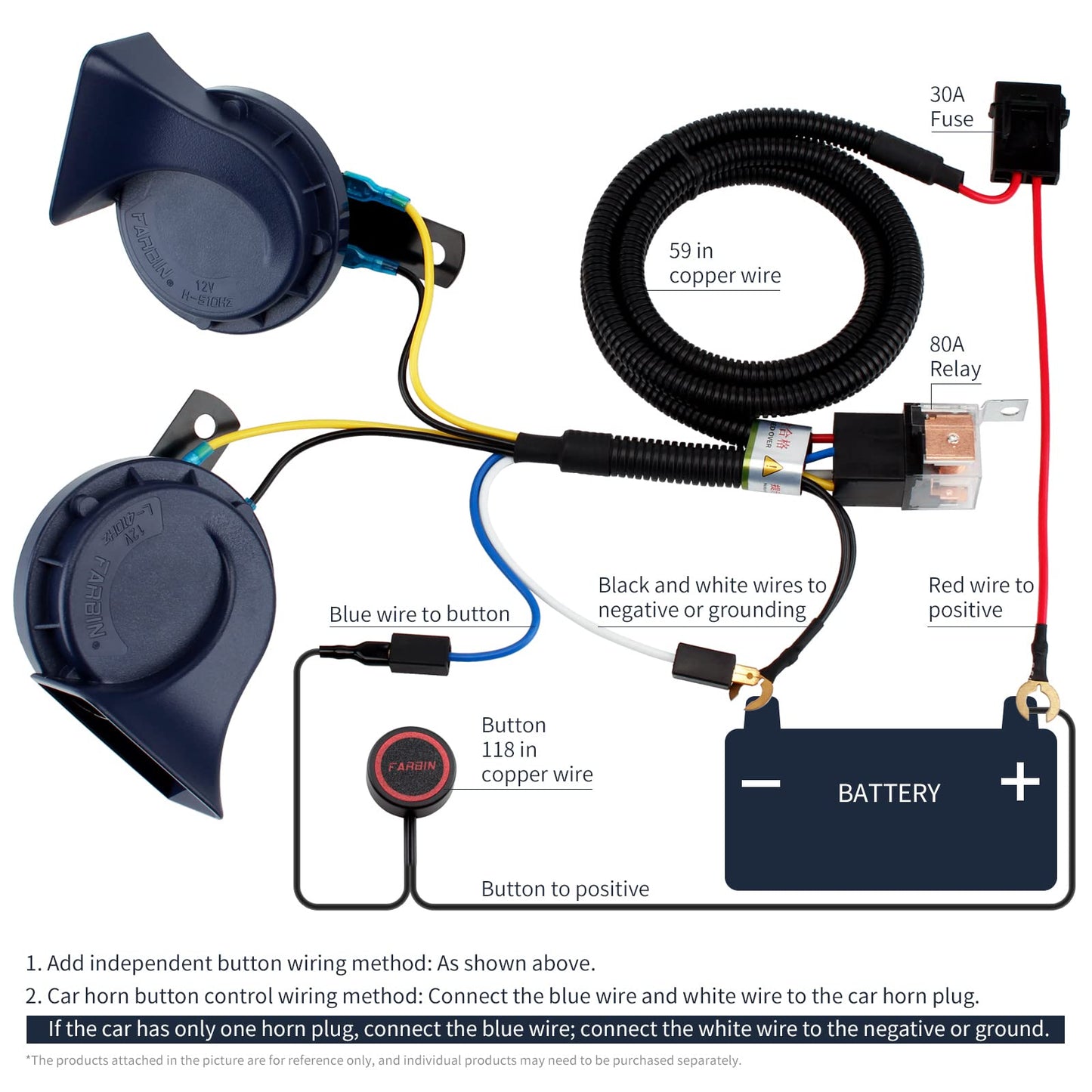 FARBIN Loud Truck Horn 12v Air Horn Loud Car Horn Kit with Relay Harness and Switch Button for Truck Car Train Motorcycle (Black horn with harness and button)