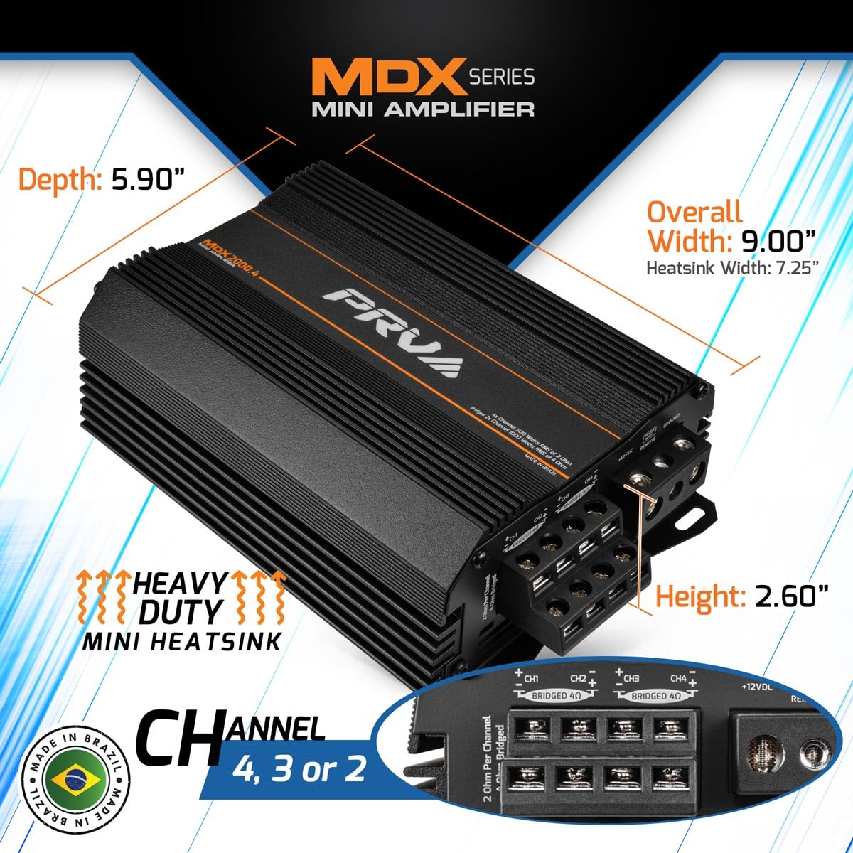 Amplificador de Audio para Coche PRV Audio MDX2000.4 Negro 4 Canales 2000 Vatios para Deportes de Potencia y Motocicletas