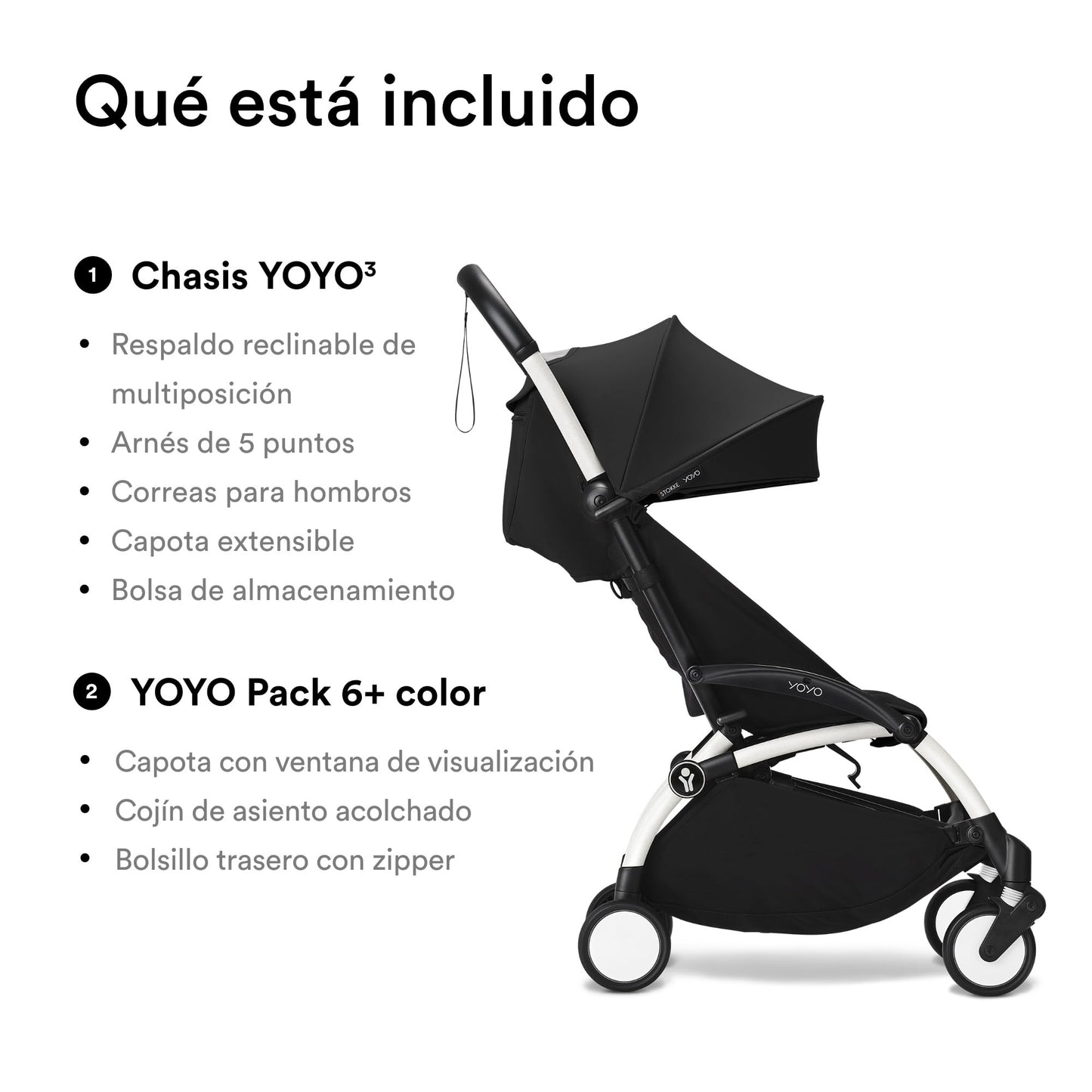 Carriola Stokke YOYO Blanca con Paquete de Color Negro YOYO 6+
