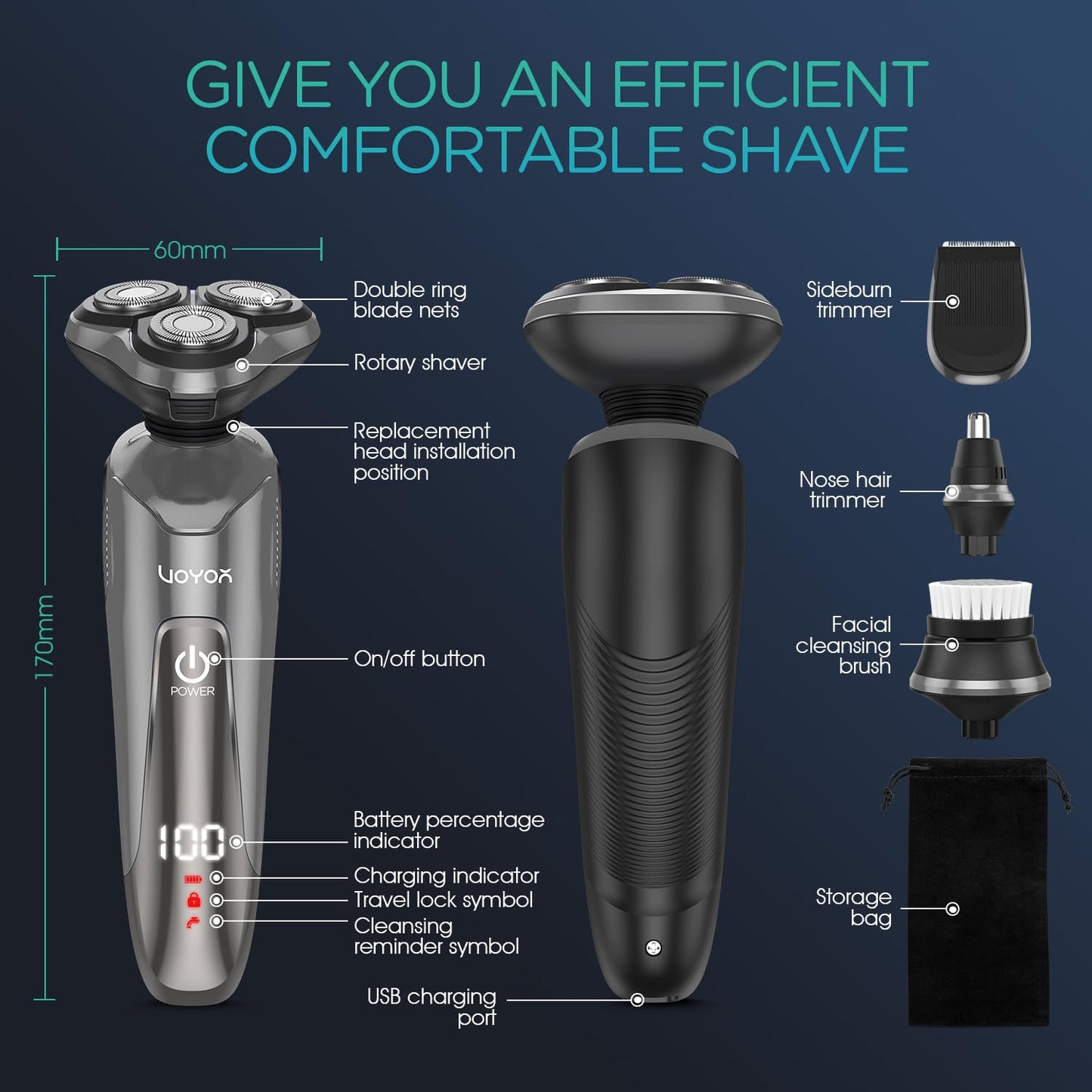 VOYOR - Maquinilla de afeitar eléctrica recargable para hombre, rotatoria 3D para hombre, máquina de afeitar 4 en 1, kit de afeitado para nariz, pantalla LCD húmeda y seca y bloqueo de viaje, TX410