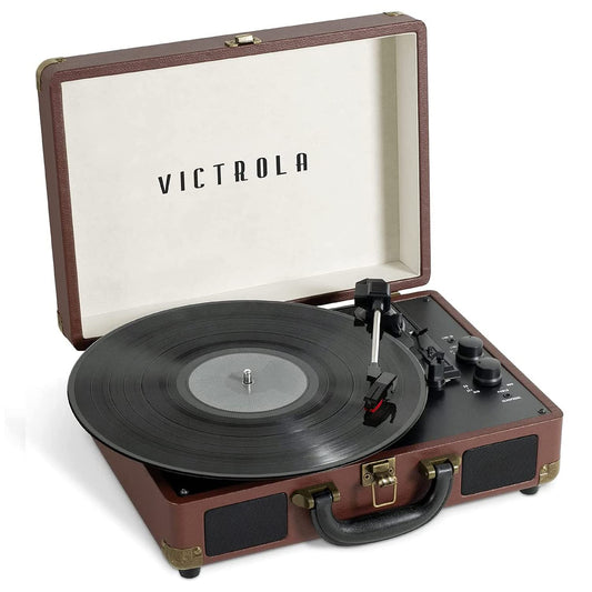 Tocadiscos Portátil Victrola Journey Bluetooth Marrón Oscuro con Bocinas Integradas y Tres Velocidades