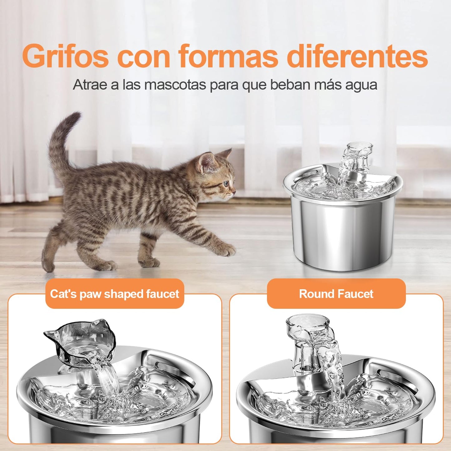 GAMAXIMA Fuente de Agua para Gato, 304 Acero Inoxidable Bebedero para Gato Perro, 68oz/2 L Fuente para Gato, Bebedero con Doble Grifo y Bomba Silenciosa para Gatos, Perros y Varias Mascotas