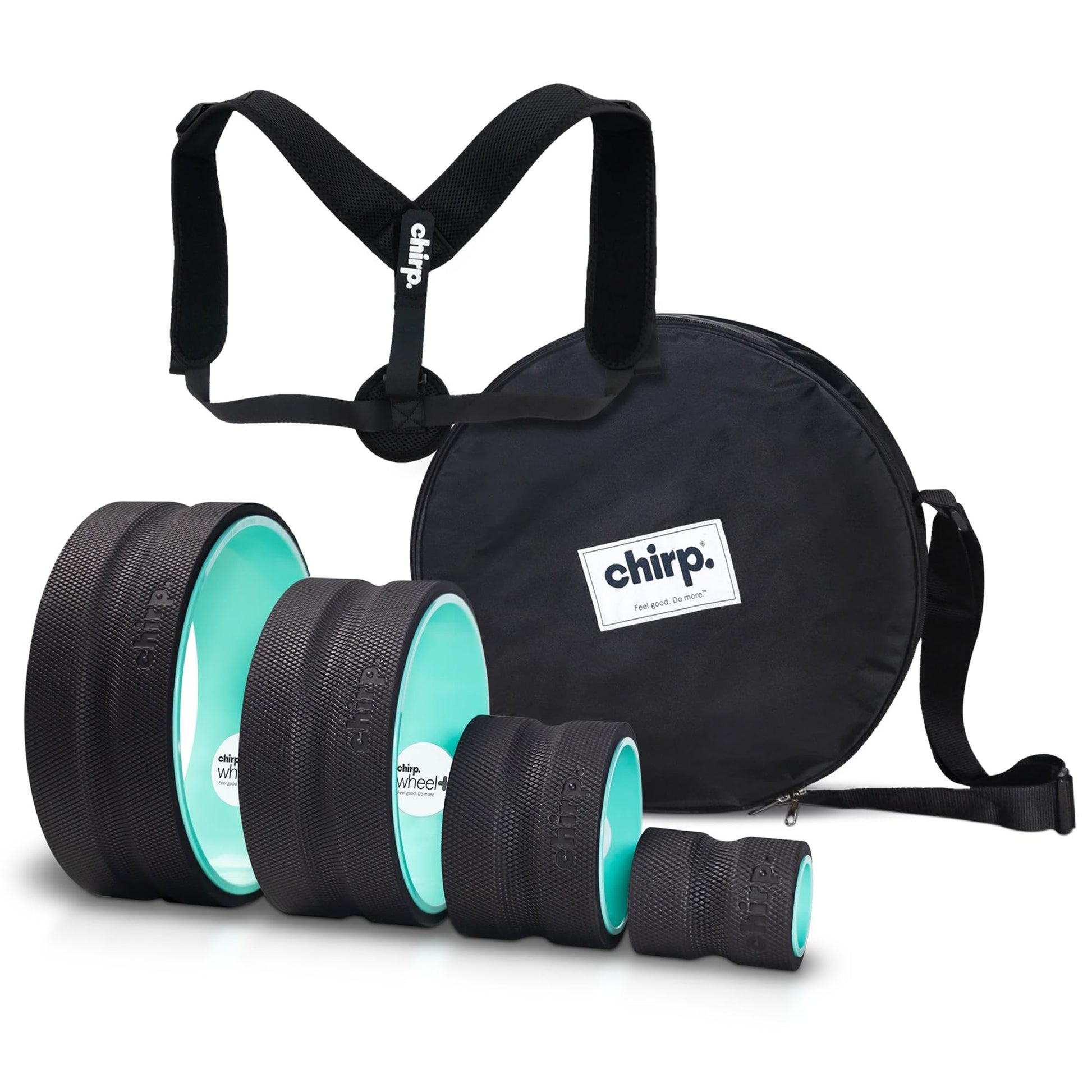 Ultimate - Paquete de 4 rodillos de masaje para rueda de chirp, estuche de transporte, corrector de postura en la parte superior de la espalda, incluye enfoque, masaje muscular y rodillos de espuma