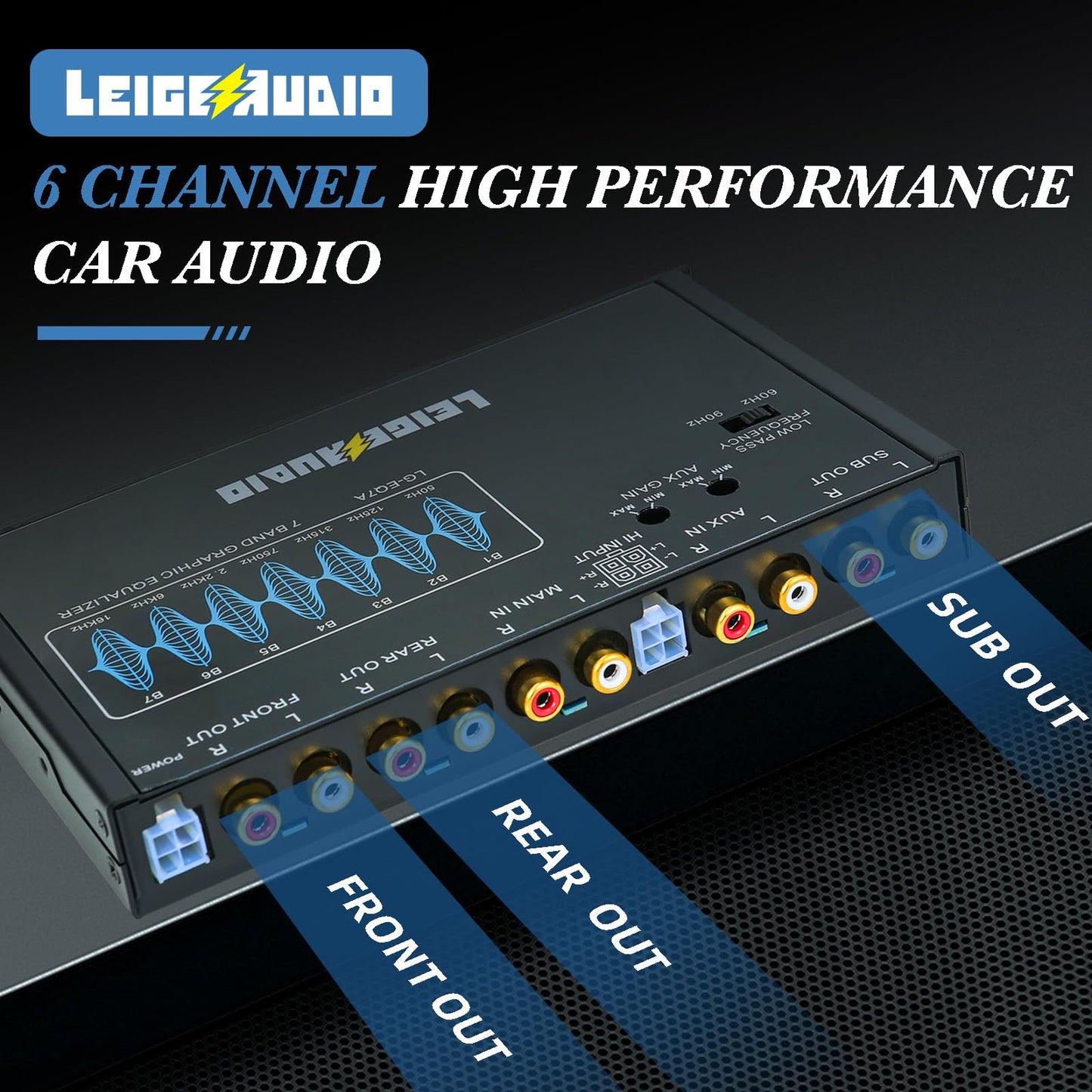 LEIGESAUDIO LG-EQ7A - Ecualizador gráfico de audio para coche de 7 bandas con entrada auxiliar frontal de 3,5 mm, salidas RCA de alto voltaje y entradas de altavoz de alto nivel