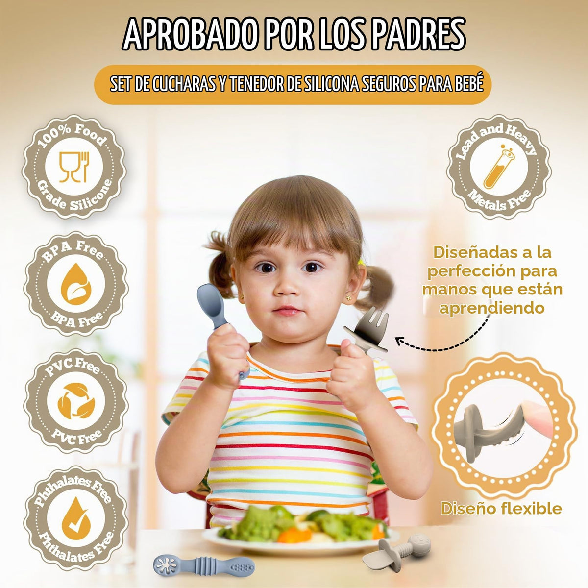 HippoBaby - Cucharas de silicona para bebé, 4 piezas, utensilios autoalimentables para bebé, 6-12 meses, 3 cucharas para bebé, 1 tenedor para bebé, juego de cubiertos para niños pequeños, sin BPA