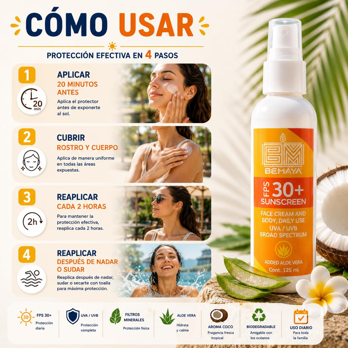 Bloqueador Solar Mineral Bemaya Coco FPS 30+ Biodegradable para Piel Sensible