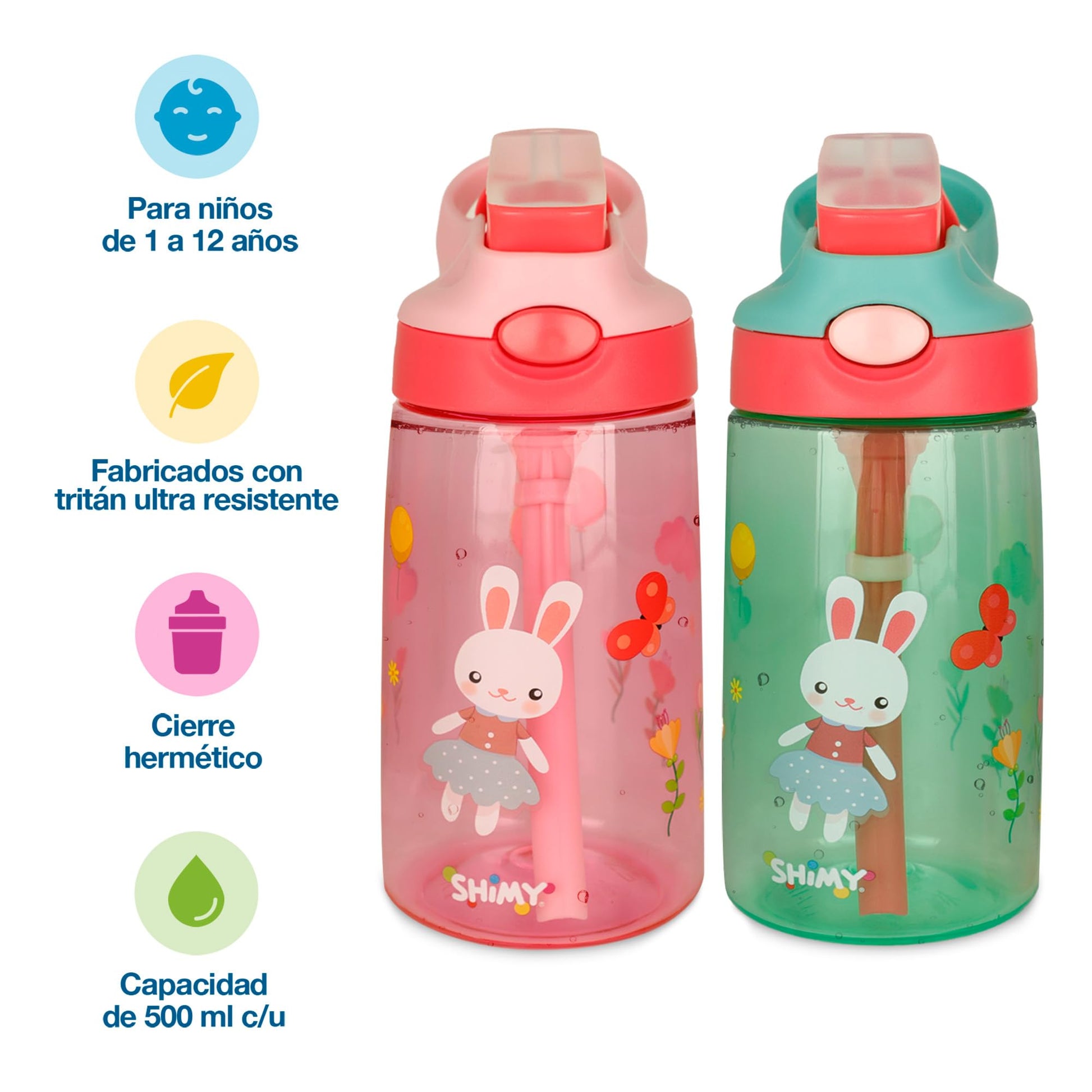 Termos SHIMY Transparentes con Tapa a Prueba de Fugas y Popote para Niños