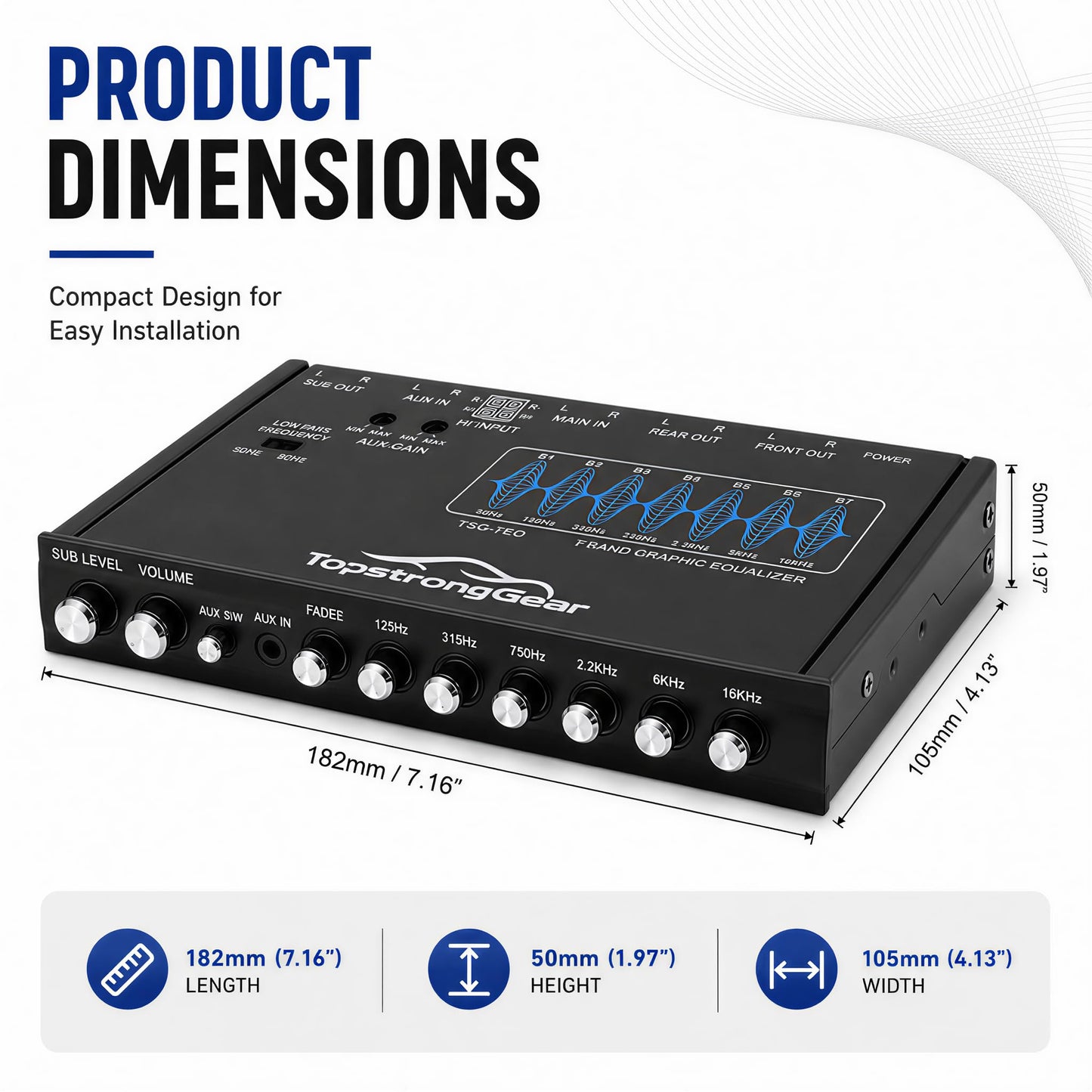 TOPSTRONGGEAR TSG7EQ - Ecualizador gráfico de audio de coche de 7 bandas con entrada auxiliar frontal de 3,5 mm, salidas RCA de alto voltaje y entradas de altavoz de alto nivel